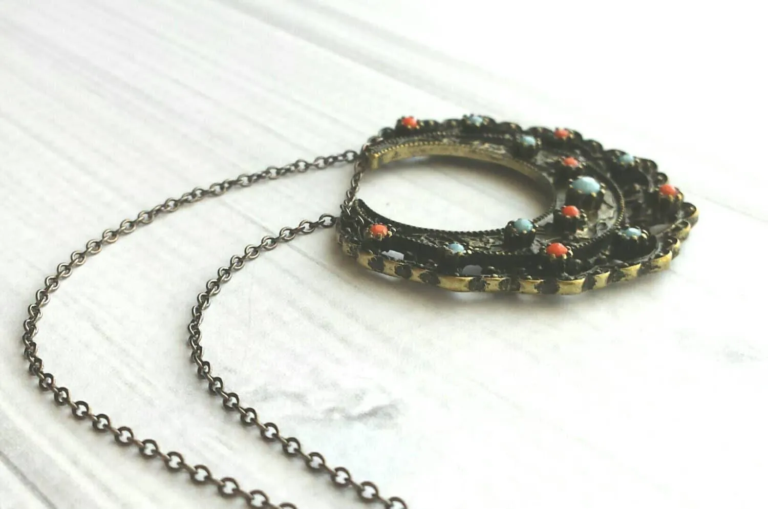 Medallion Necklace - blackened dark bronze/antique brass ox moon shape pendant - Bohemian ethnic tribal boho crescent - coral blue lacy