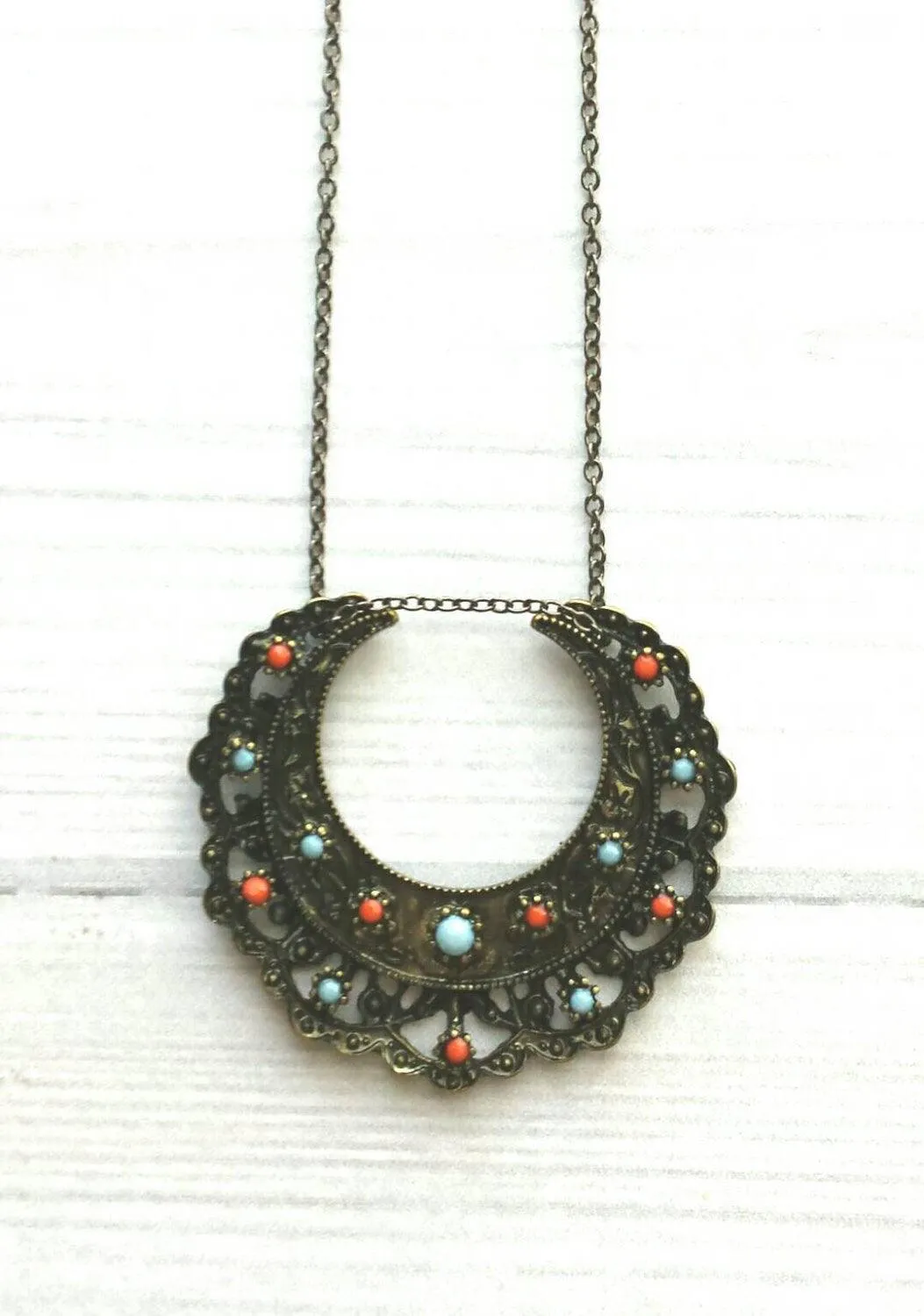 Medallion Necklace - blackened dark bronze/antique brass ox moon shape pendant - Bohemian ethnic tribal boho crescent - coral blue lacy