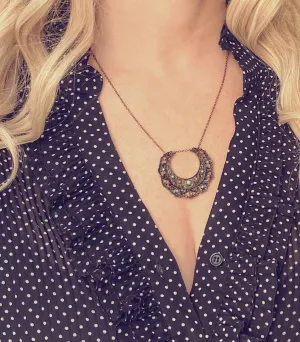 Medallion Necklace - blackened dark bronze/antique brass ox moon shape pendant - Bohemian ethnic tribal boho crescent - coral blue lacy