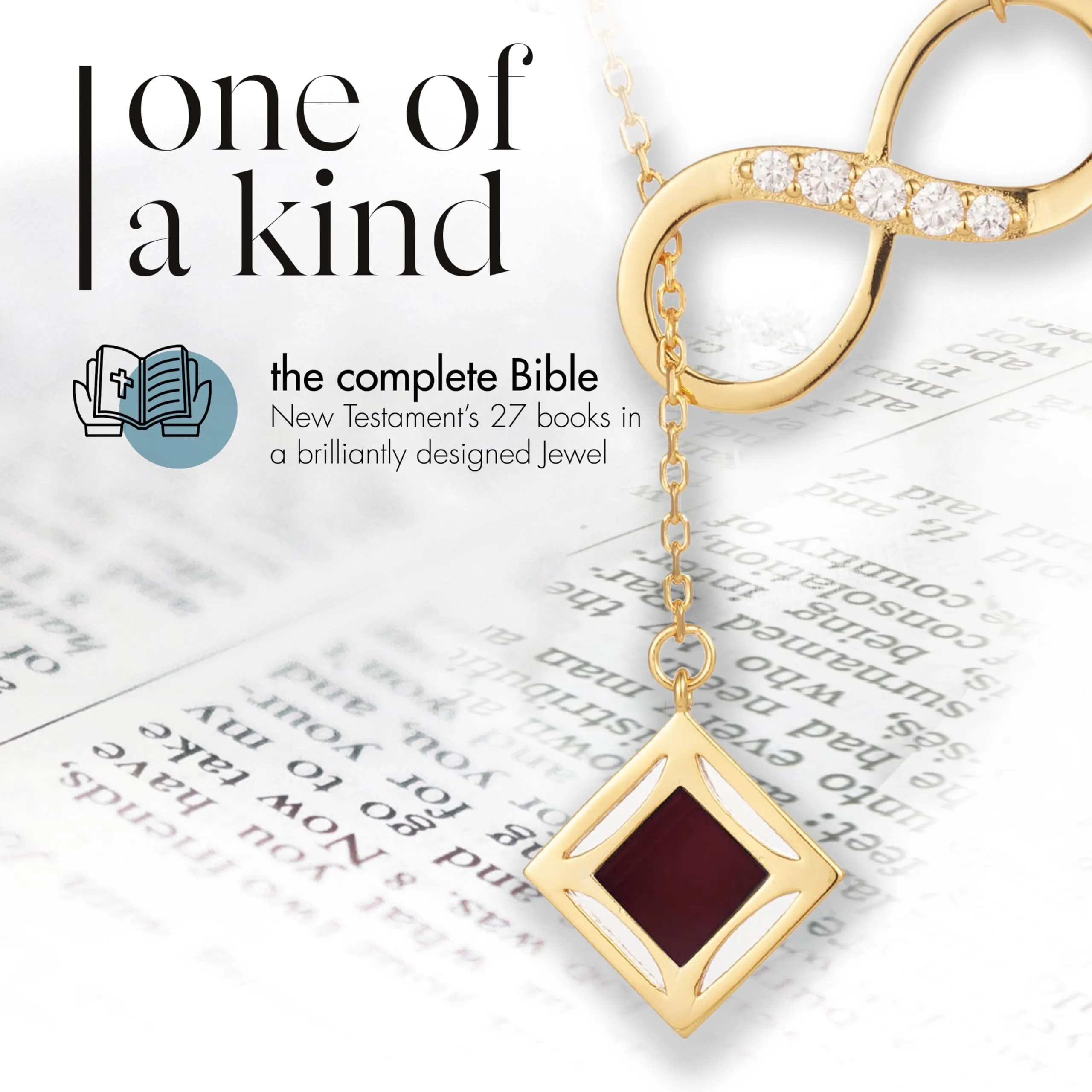 Nano Bible Infinity Necklace for Women – 18k Gold Plated Sterling Silver with Entire Holy KJV New Testament Engraved Pendant for Her – Religious Christian Jewelry Christmas Gift for Wife or Girlfriend