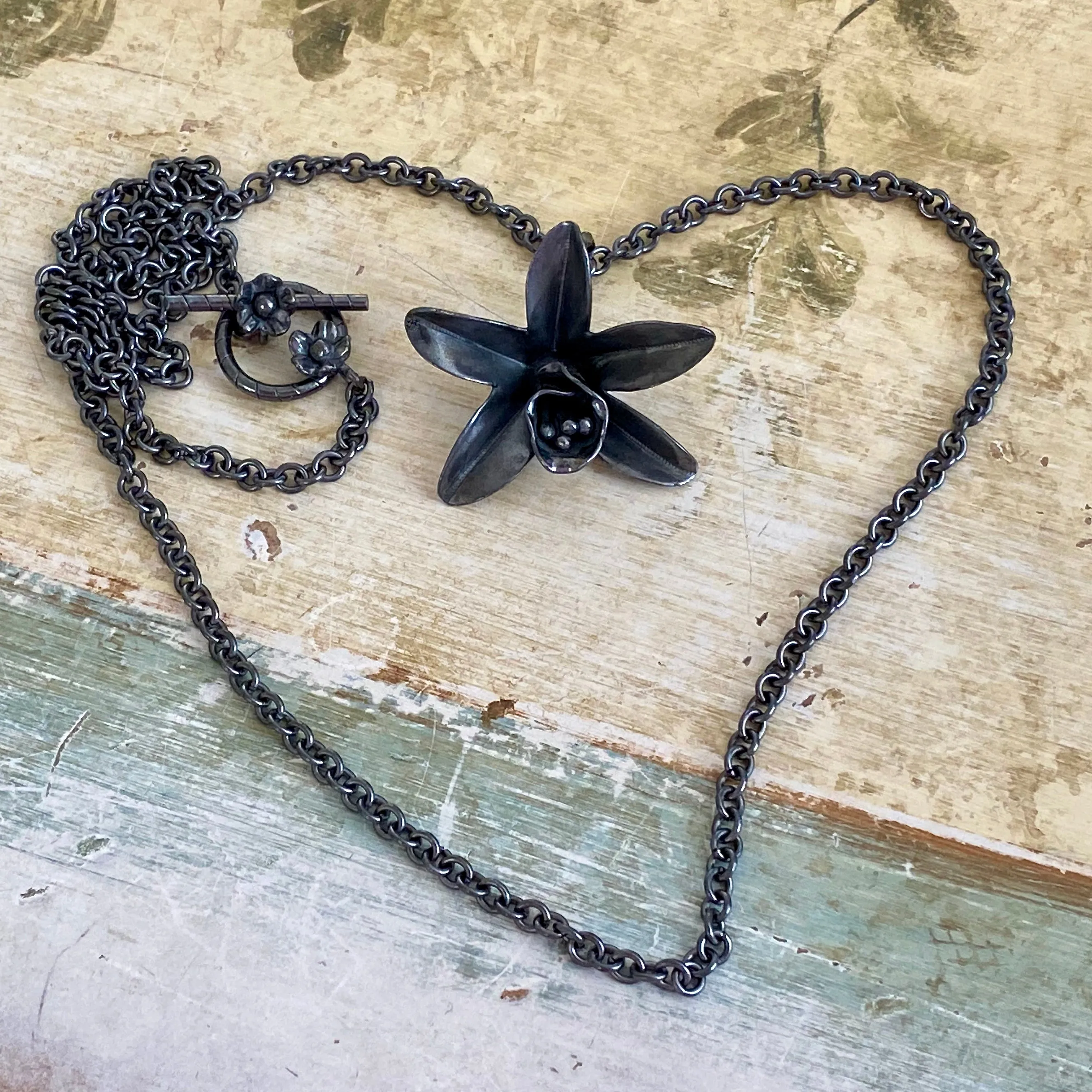 One of a kind Daffodil Necklace with Flower Toggle Clasp in Artisan-Crafted 999 Black Fine Silver