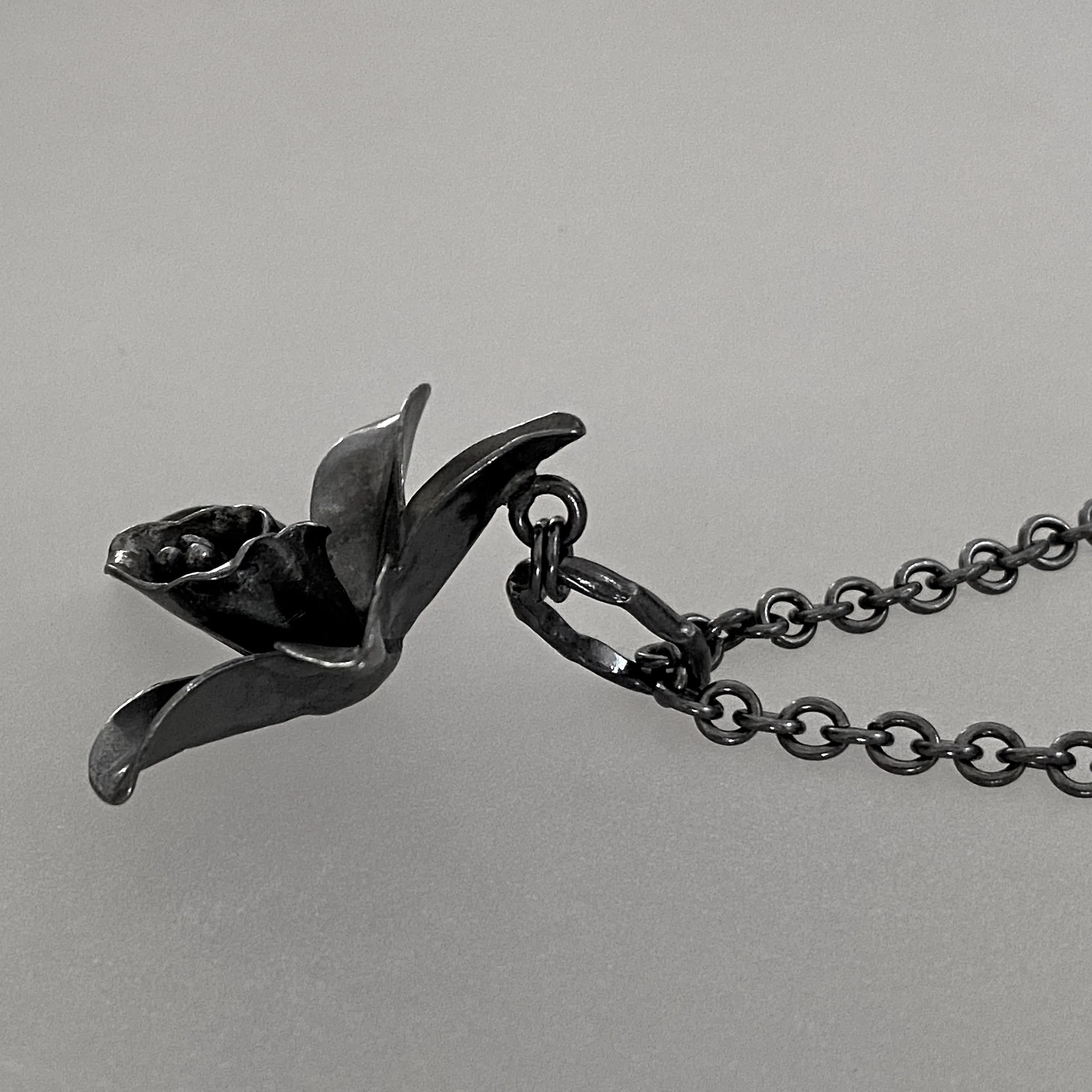 One of a kind Daffodil Necklace with Flower Toggle Clasp in Artisan-Crafted 999 Black Fine Silver