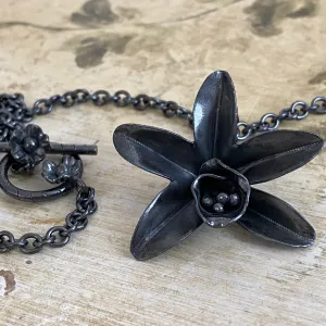 One of a kind Daffodil Necklace with Flower Toggle Clasp in Artisan-Crafted 999 Black Fine Silver