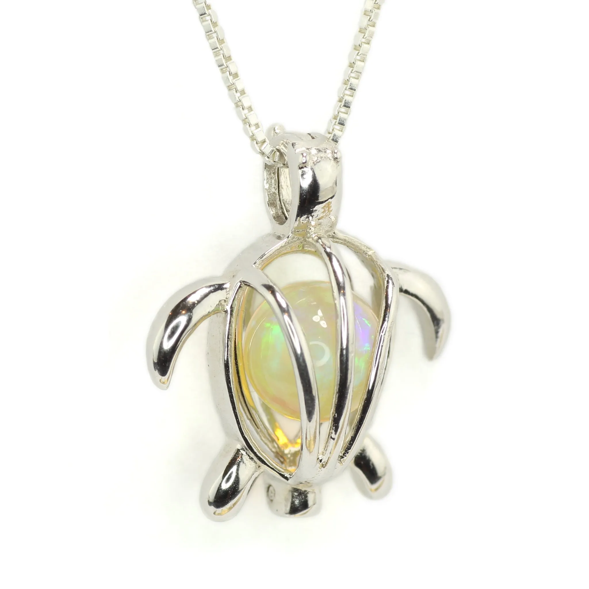 Opal in Silver Turtle Cage Necklace