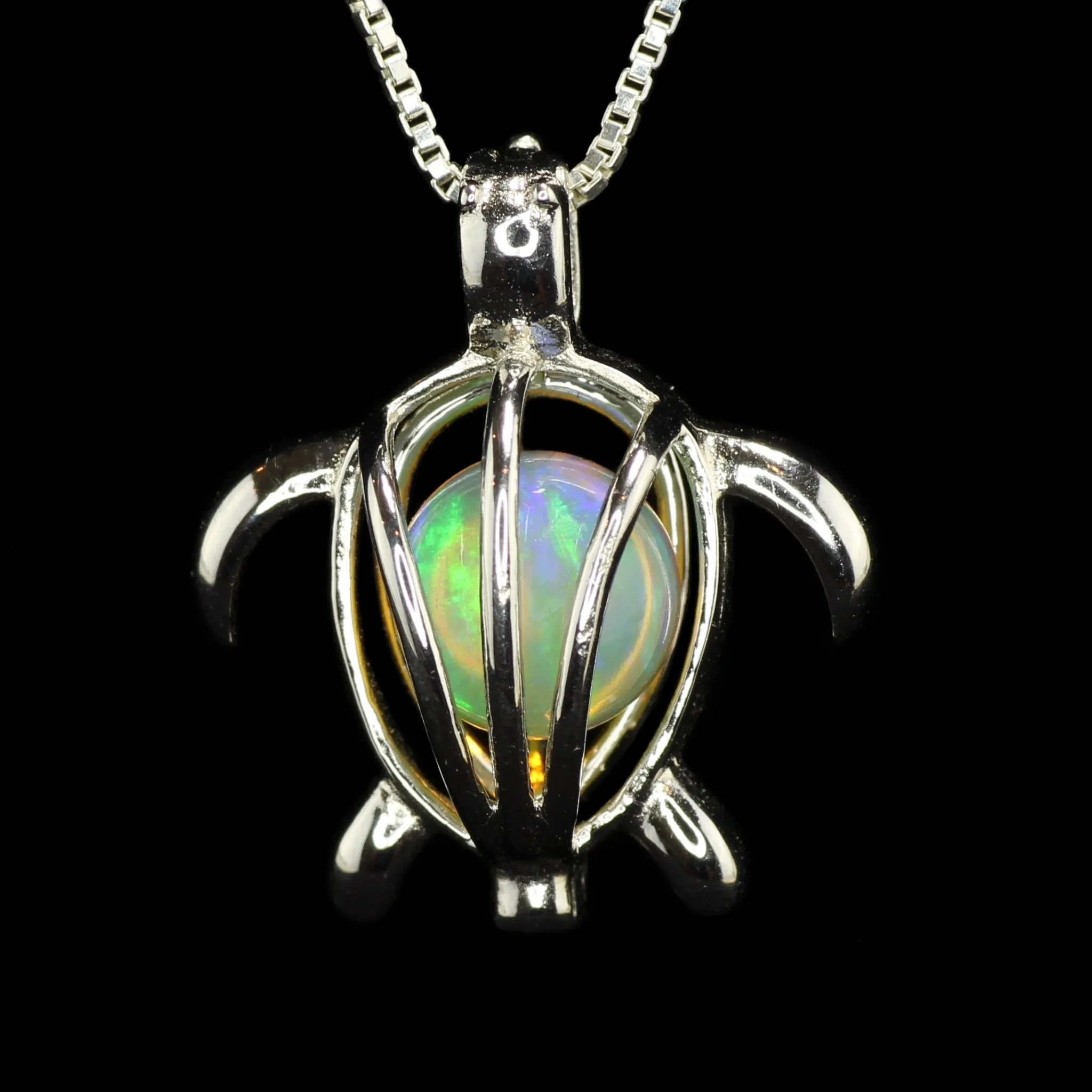 Opal in Silver Turtle Cage Necklace