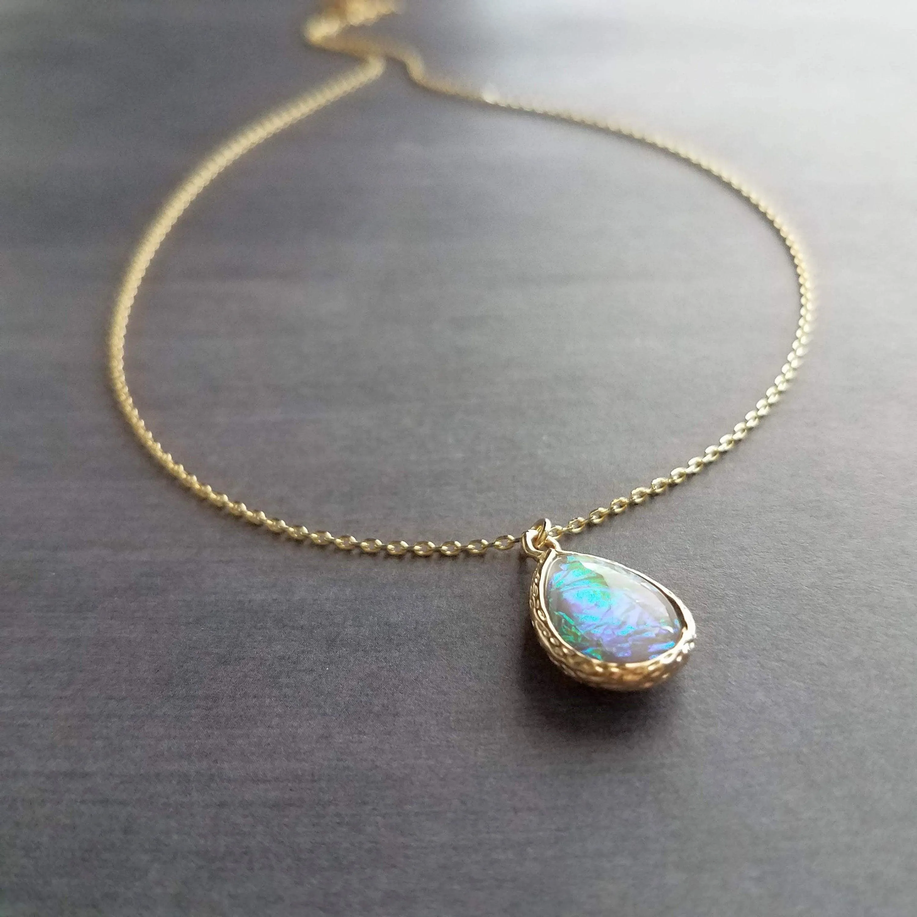 Opal Necklace, gold opal color pendant, opal teardrop pendant, opal tear drop necklace, opalescent pendant, birthstone necklace, jewelry