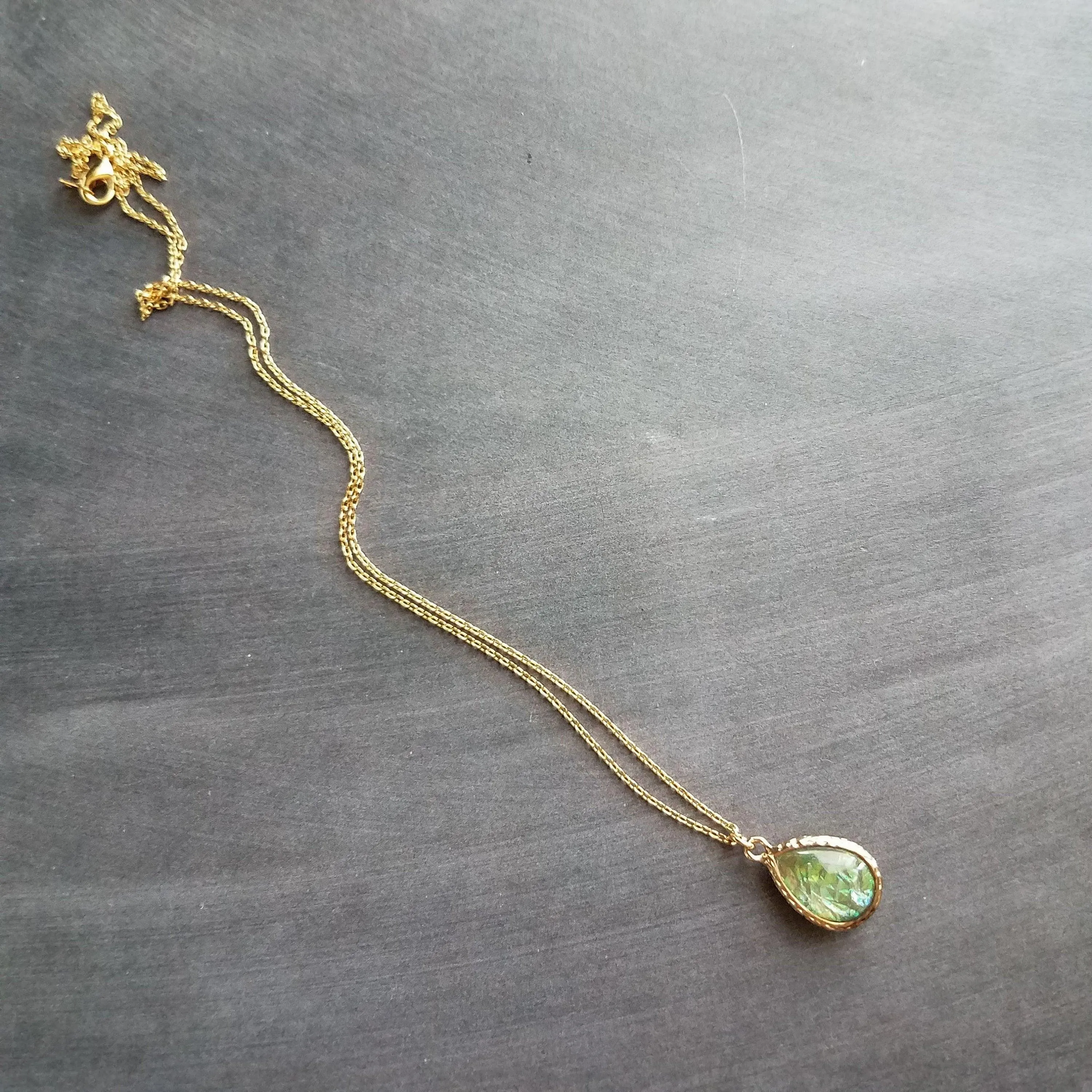 Opal Necklace, gold opal color pendant, opal teardrop pendant, opal tear drop necklace, opalescent pendant, birthstone necklace, jewelry