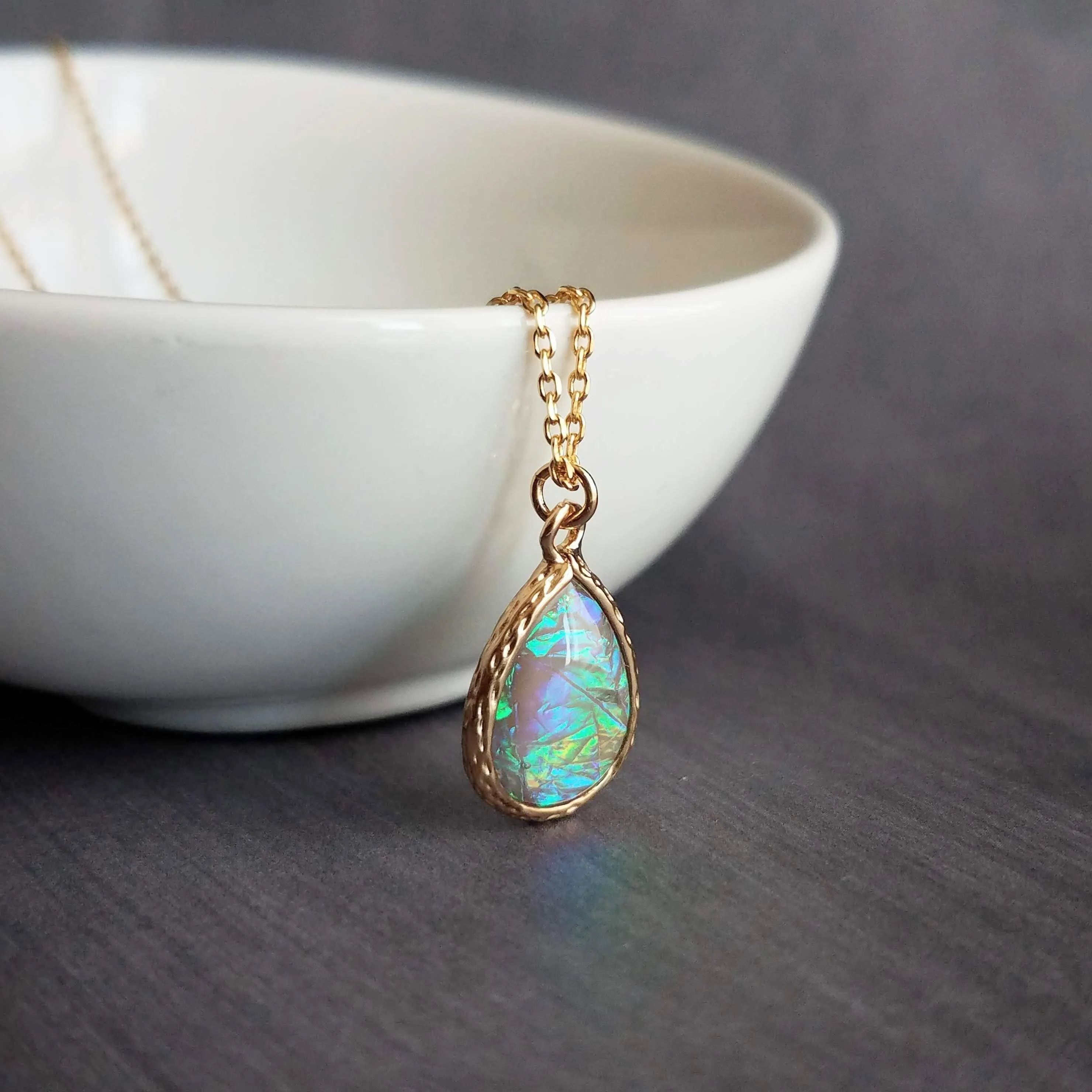 Opal Necklace, gold opal color pendant, opal teardrop pendant, opal tear drop necklace, opalescent pendant, birthstone necklace, jewelry
