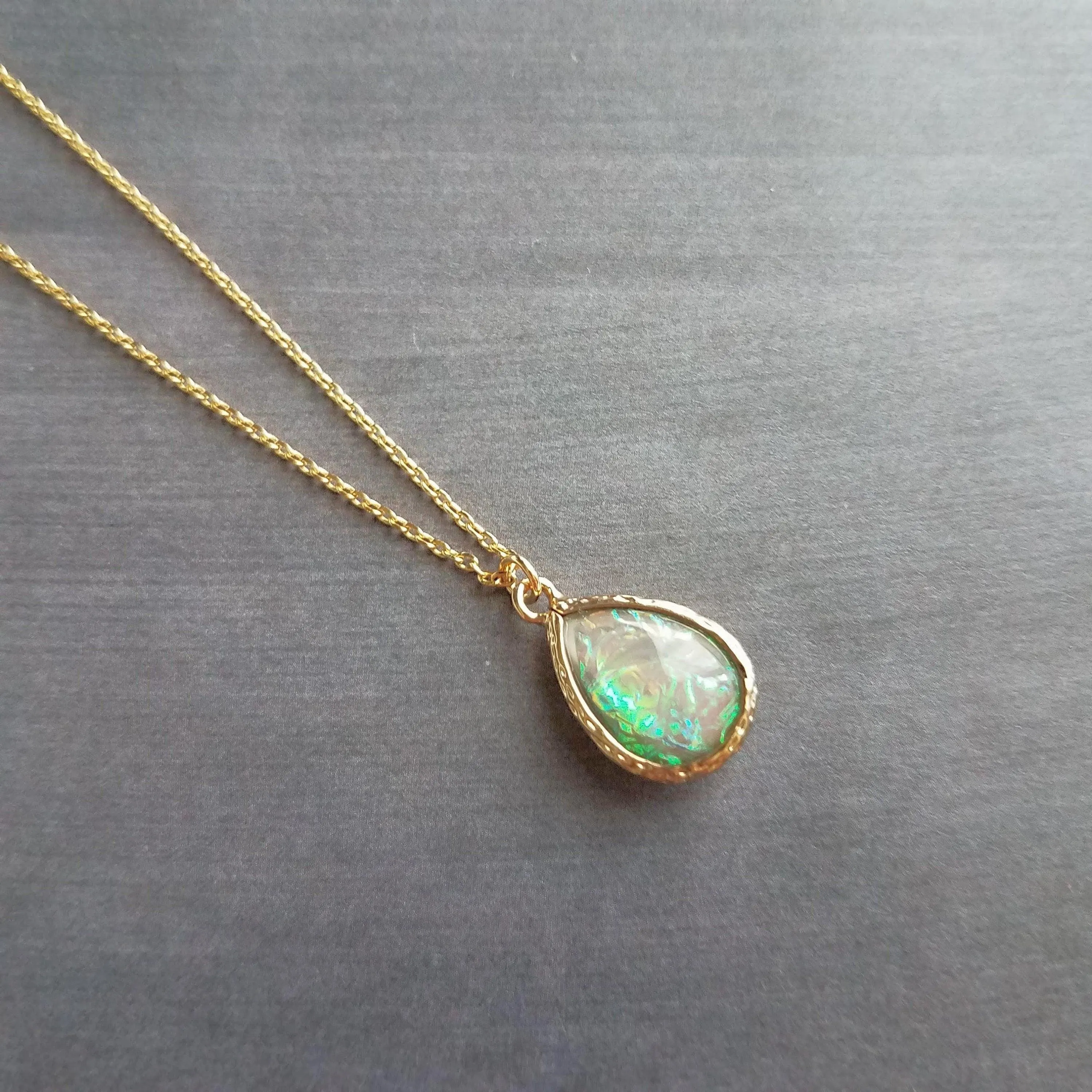 Opal Necklace, gold opal color pendant, opal teardrop pendant, opal tear drop necklace, opalescent pendant, birthstone necklace, jewelry