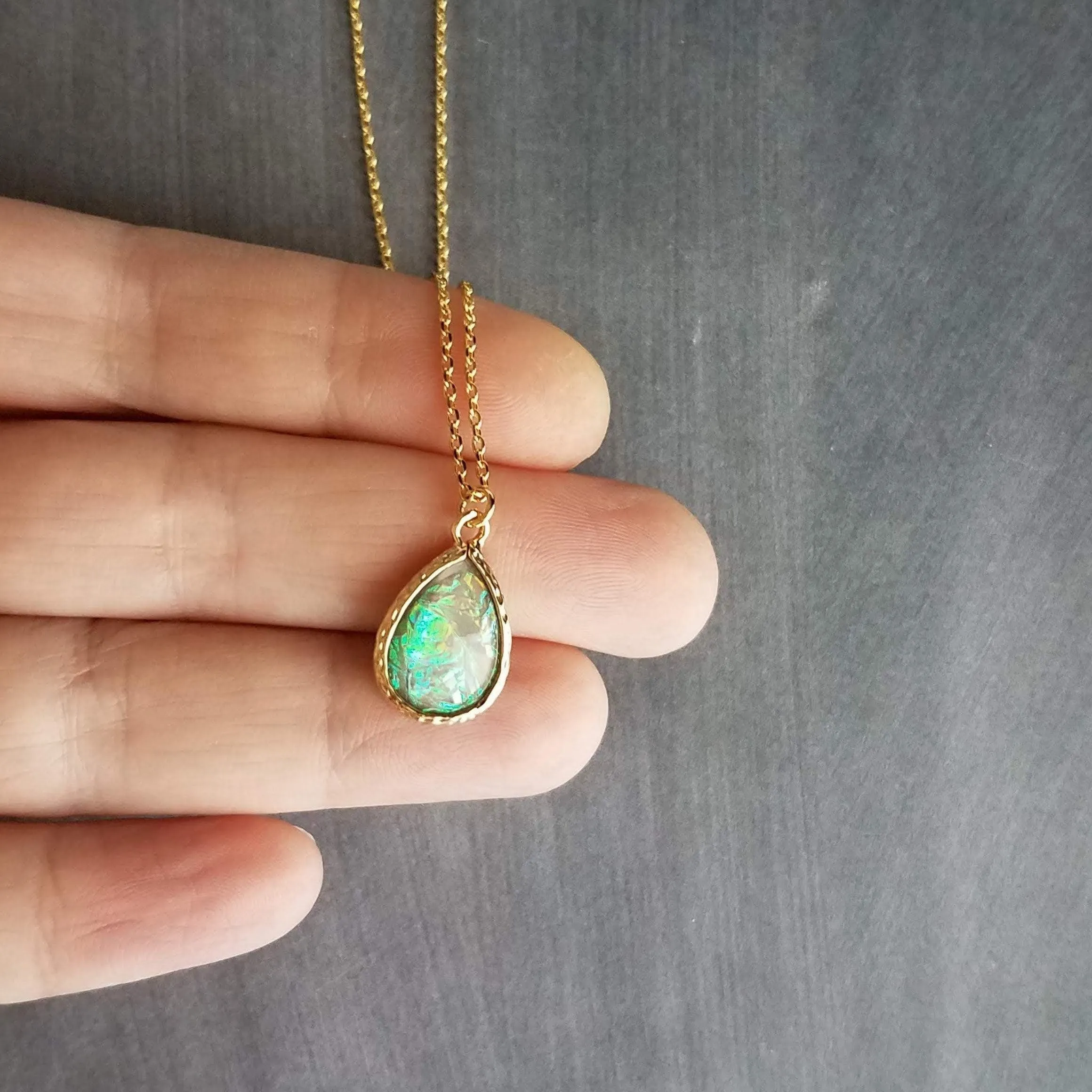 Opal Necklace, gold opal color pendant, opal teardrop pendant, opal tear drop necklace, opalescent pendant, birthstone necklace, jewelry