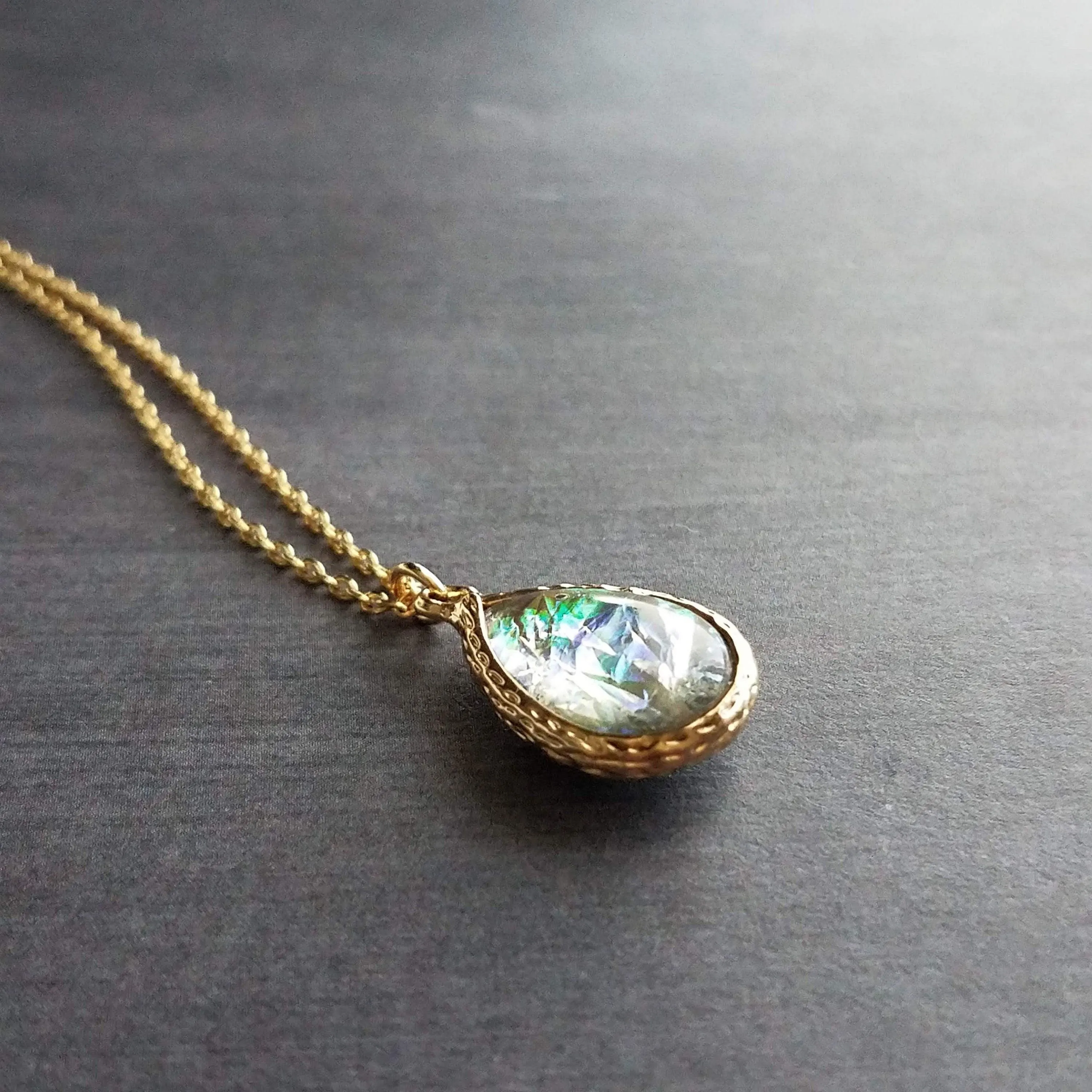 Opal Necklace, gold opal color pendant, opal teardrop pendant, opal tear drop necklace, opalescent pendant, birthstone necklace, jewelry