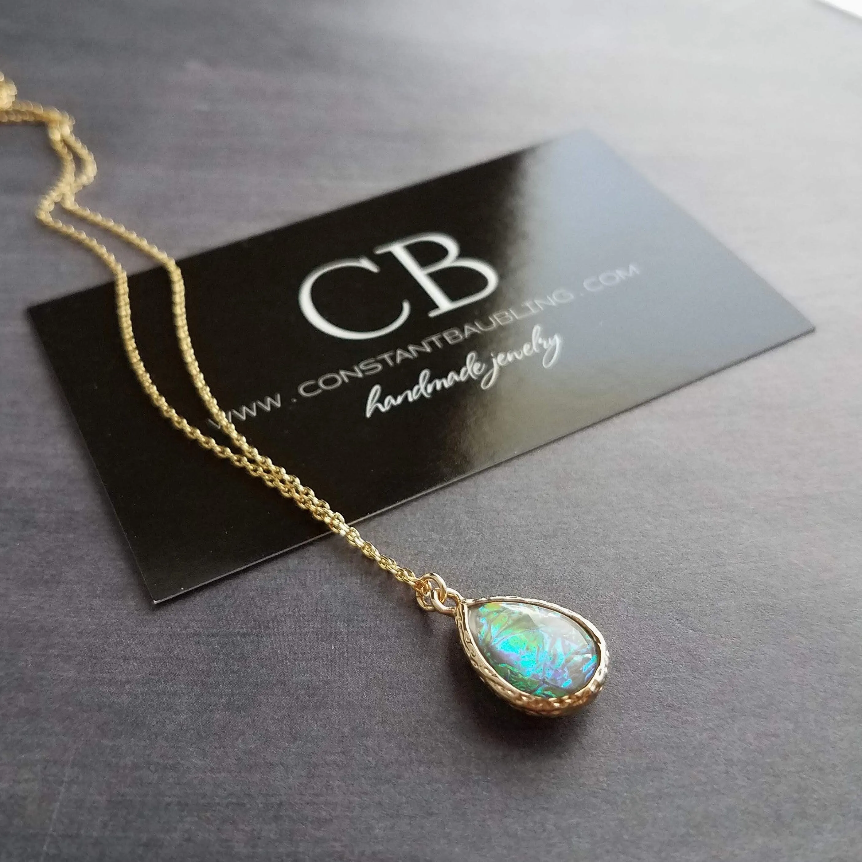 Opal Necklace, gold opal color pendant, opal teardrop pendant, opal tear drop necklace, opalescent pendant, birthstone necklace, jewelry