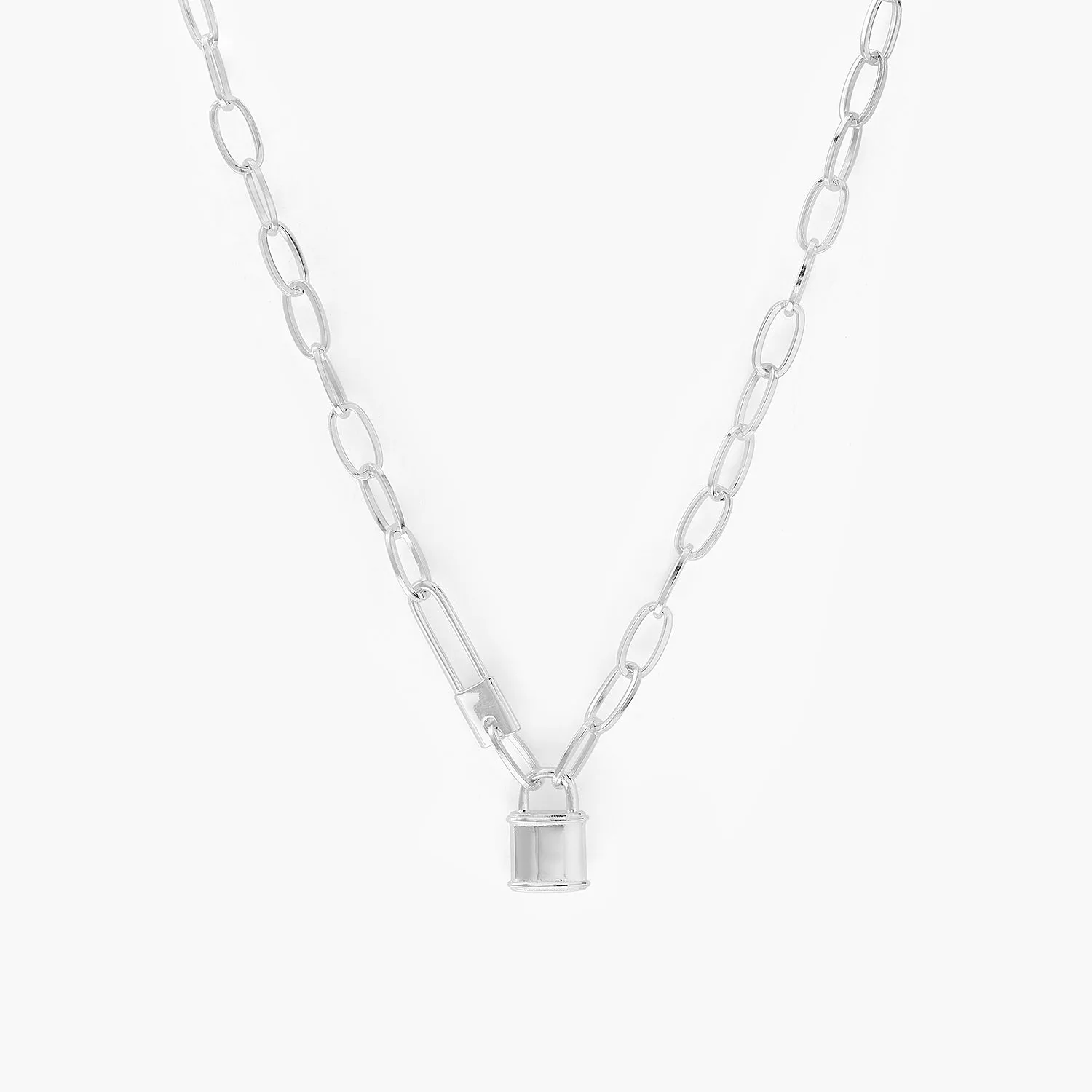 Oval Link Chain Necklace With Lock Pendant