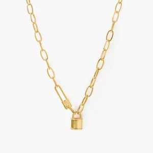 Oval Link Chain Necklace With Lock Pendant