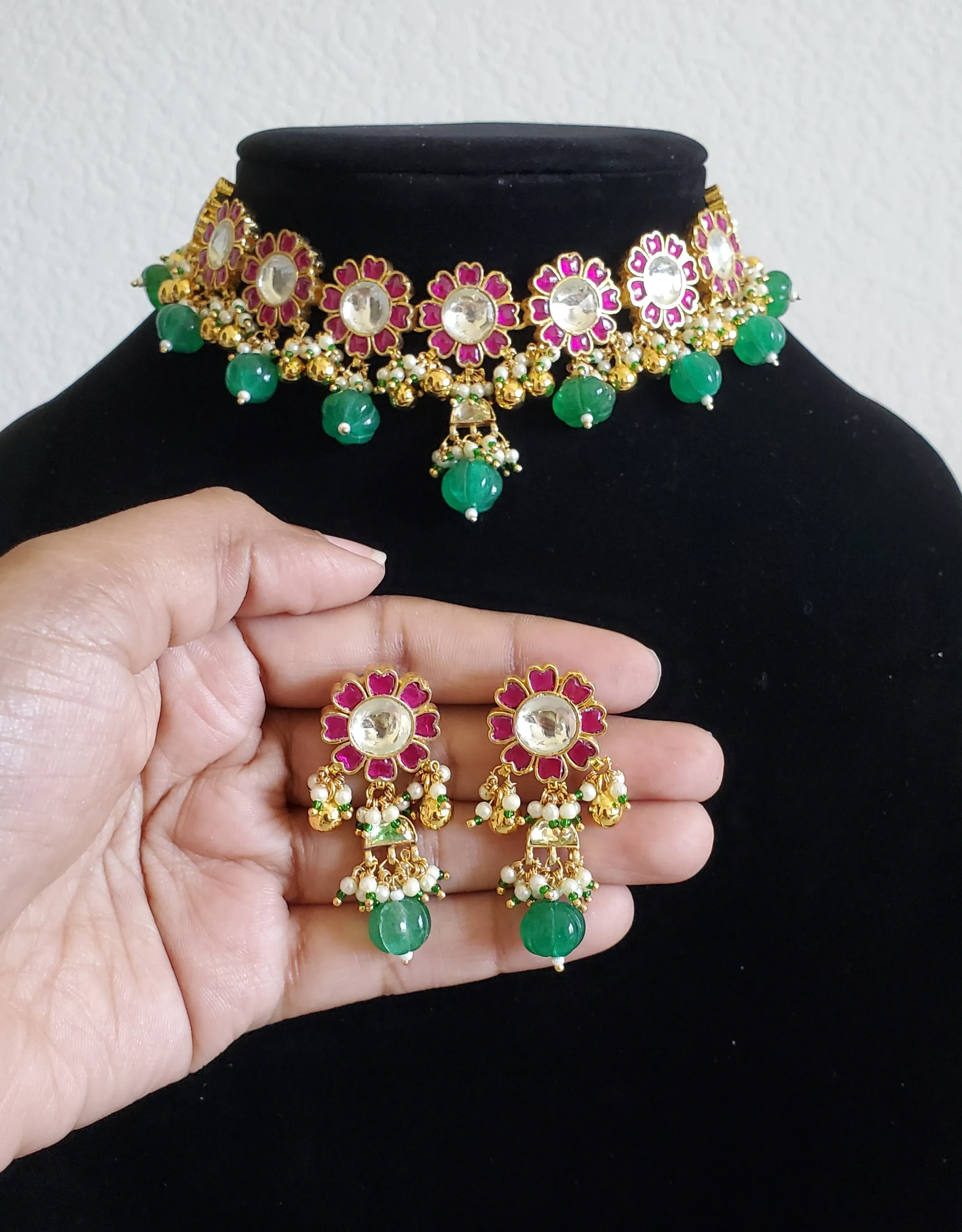 Pachi Kundan Floral Necklace Set With Gold Plating