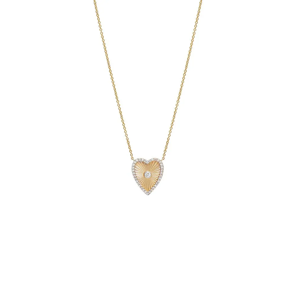 Pave Diamond Outline Ridged Heart Necklace 14K