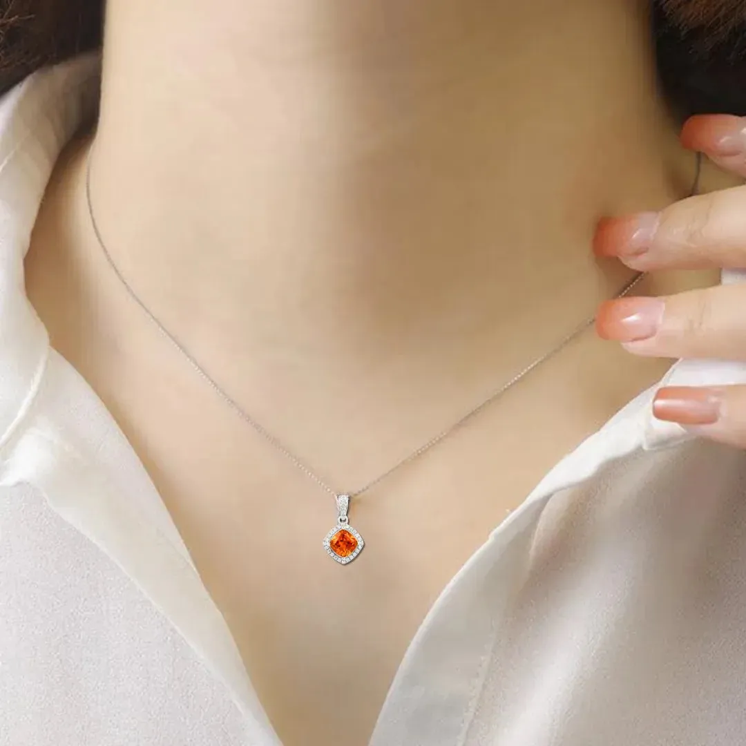 Peach Sapphire Cushion Pendant Necklace