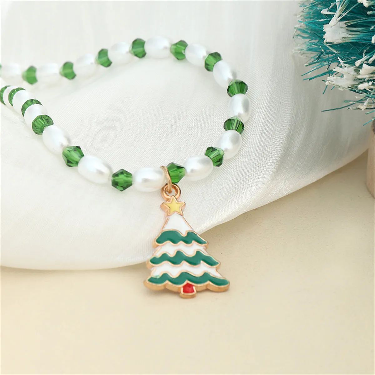 Pearl & Green Enamel Acrylic 18K Gold-Plated Festive Tree Pendant Necklace