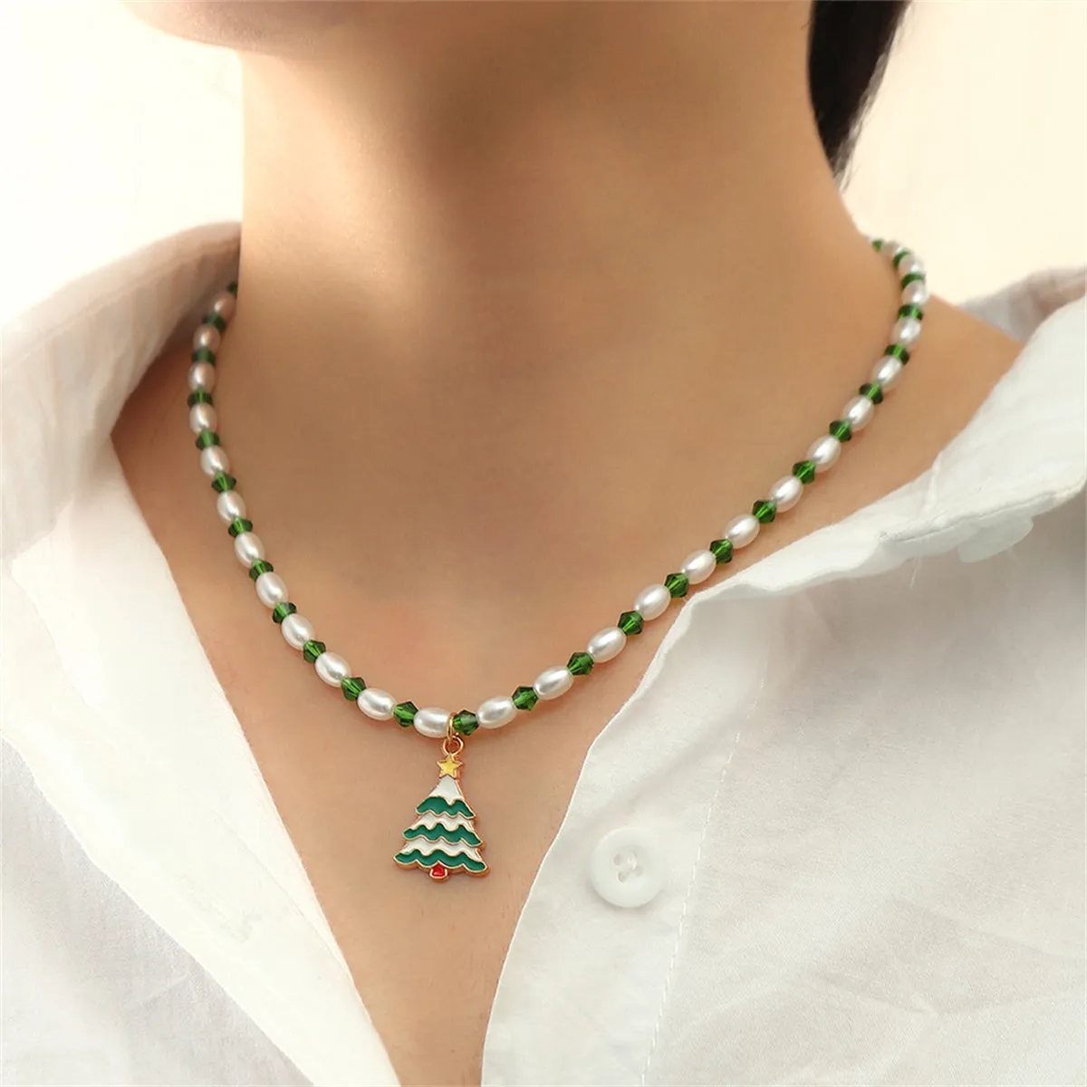 Pearl & Green Enamel Acrylic 18K Gold-Plated Festive Tree Pendant Necklace