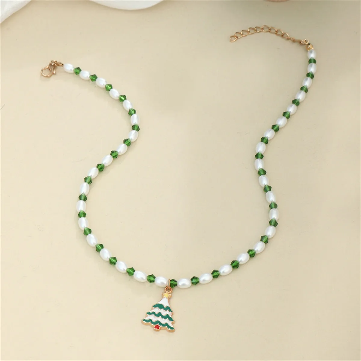 Pearl & Green Enamel Acrylic 18K Gold-Plated Festive Tree Pendant Necklace