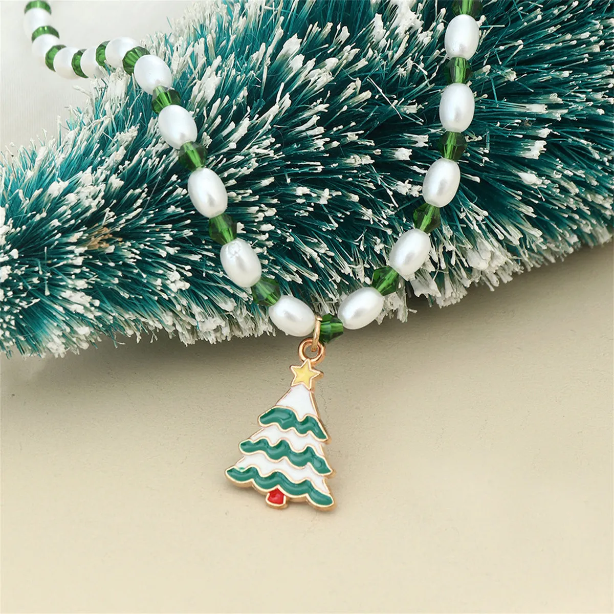 Pearl & Green Enamel Acrylic 18K Gold-Plated Festive Tree Pendant Necklace