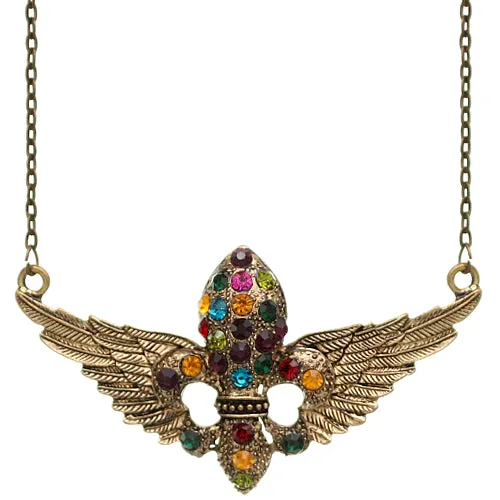Purple Multicolor Fleur De Lis Rhinestone Charm Necklace