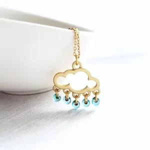 Rain Cloud Necklace, silver cloud necklace, cloud outline pendant, raindrop dangles, blue raindrops weather storm rain necklace