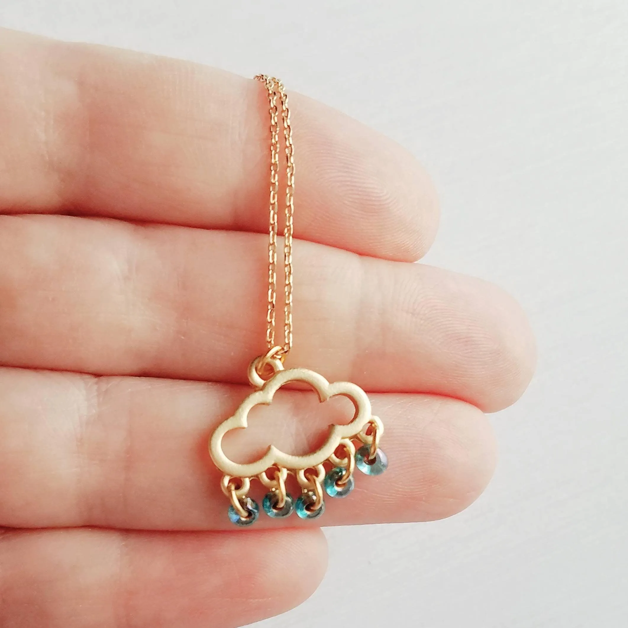 Rain Cloud Necklace, silver cloud necklace, cloud outline pendant, raindrop dangles, blue raindrops weather storm rain necklace
