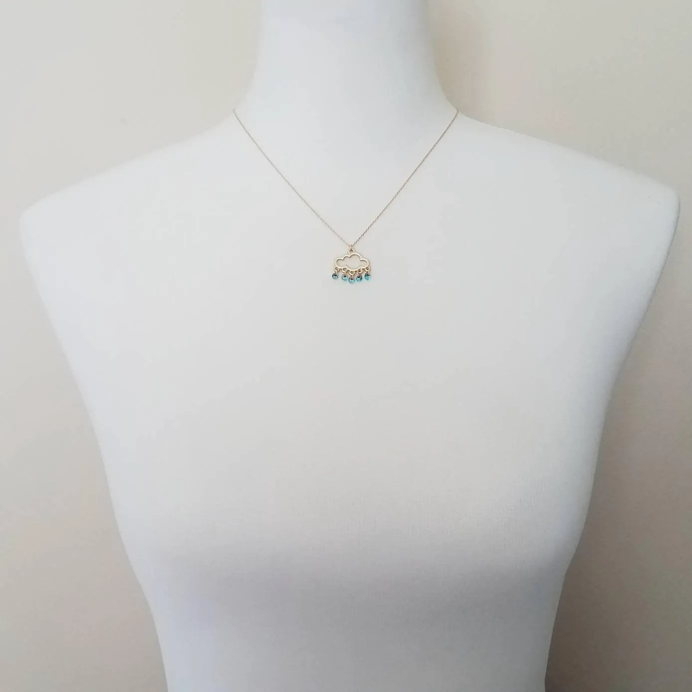 Rain Cloud Necklace, silver cloud necklace, cloud outline pendant, raindrop dangles, blue raindrops weather storm rain necklace