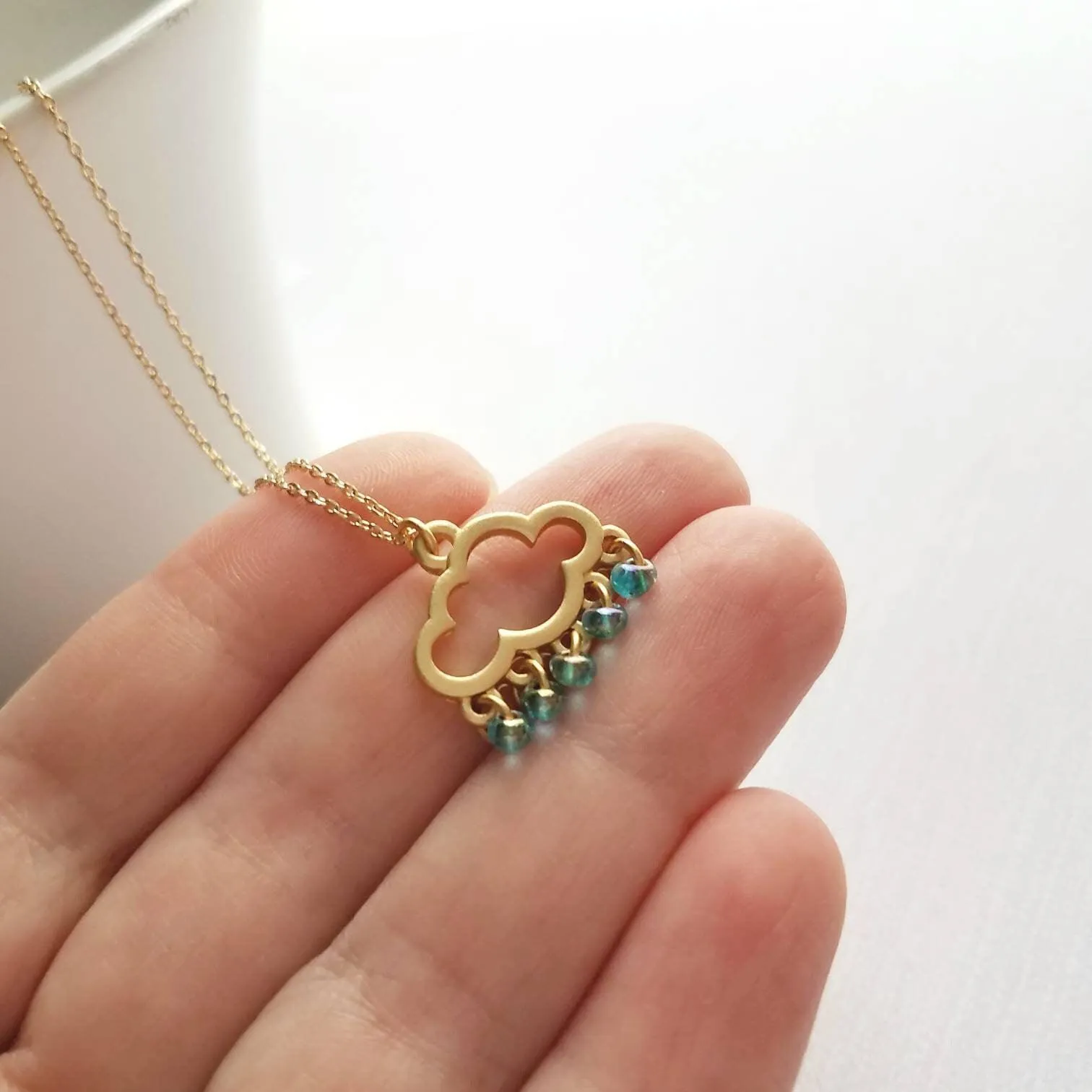 Rain Cloud Necklace, silver cloud necklace, cloud outline pendant, raindrop dangles, blue raindrops weather storm rain necklace