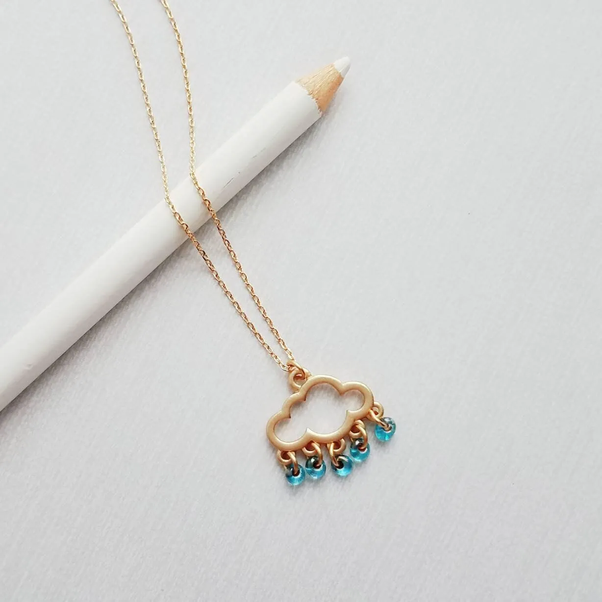 Rain Cloud Necklace, silver cloud necklace, cloud outline pendant, raindrop dangles, blue raindrops weather storm rain necklace