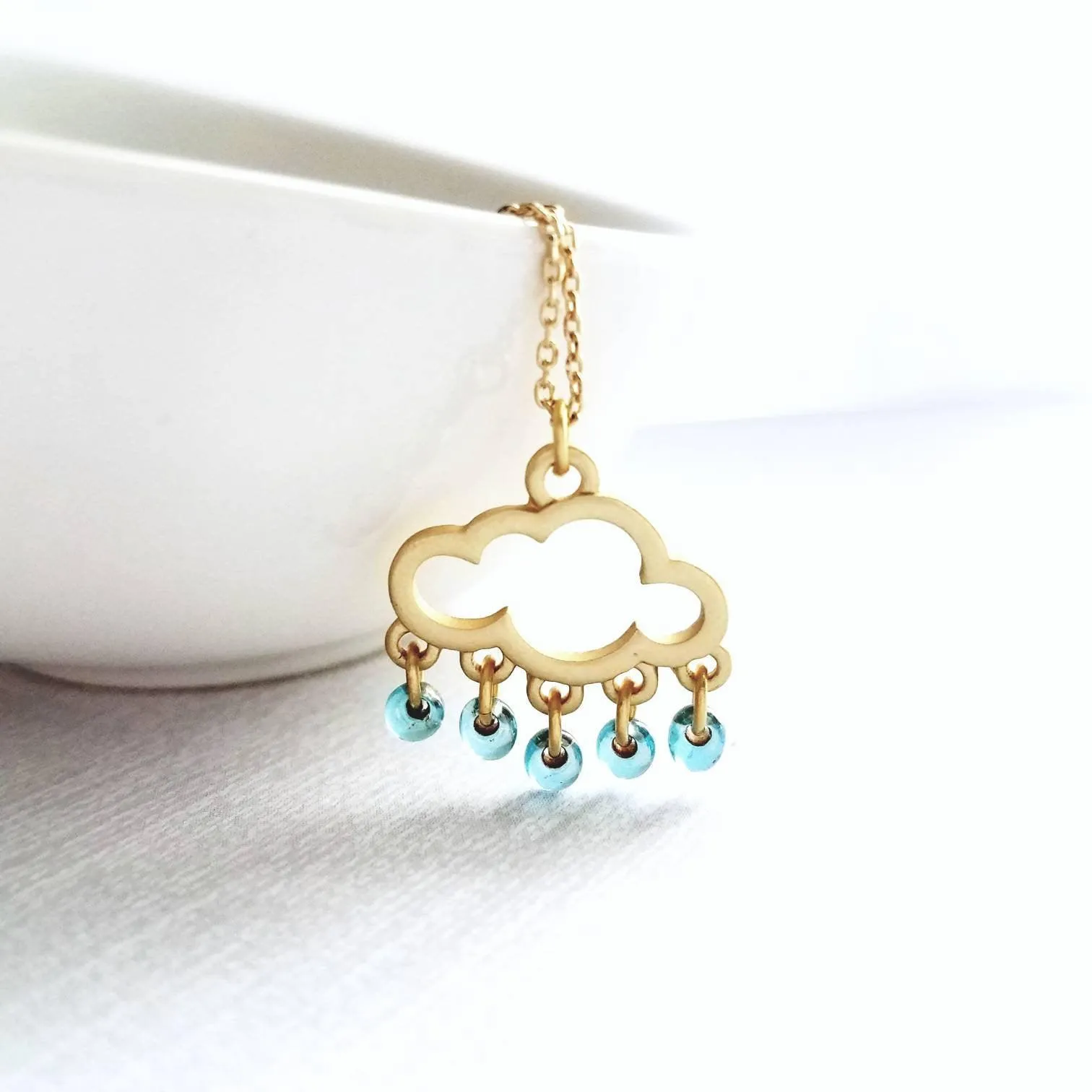 Rain Cloud Necklace, silver cloud necklace, cloud outline pendant, raindrop dangles, blue raindrops weather storm rain necklace