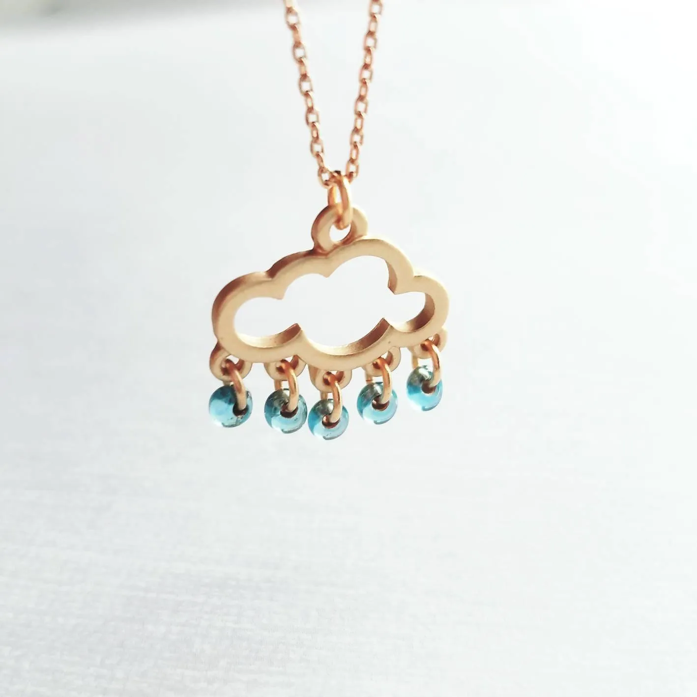 Rain Cloud Necklace, silver cloud necklace, cloud outline pendant, raindrop dangles, blue raindrops weather storm rain necklace