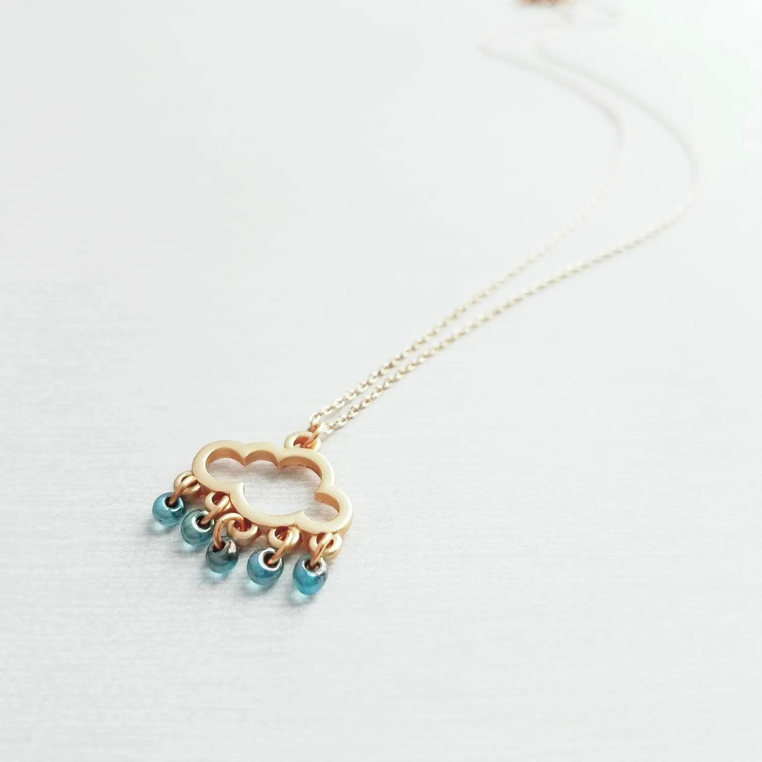 Rain Cloud Necklace, silver cloud necklace, cloud outline pendant, raindrop dangles, blue raindrops weather storm rain necklace