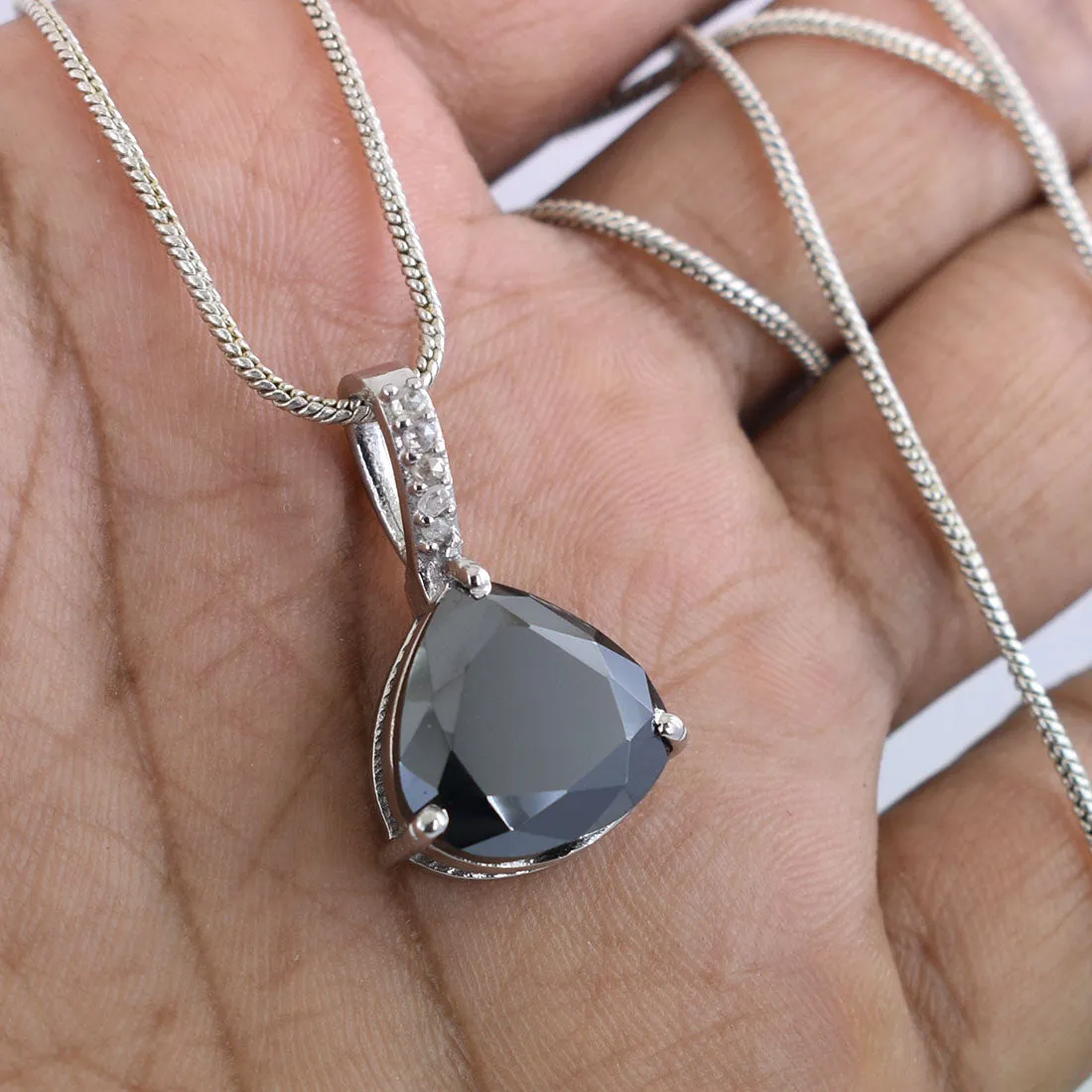 Rare 7.70 Ct Pear Shape Black Diamond Fancy Pendant with Diamond Accents, Great Shine & Very Elegant