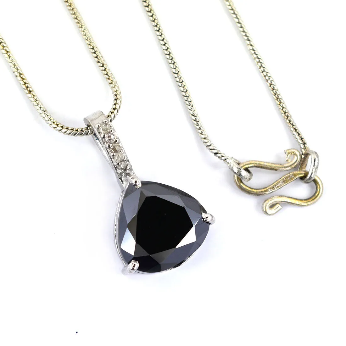RARE 9 Ct, Stunning Black Diamond Solitaire Pendant With Diamond Accents. Full of Fire & Great Sparkle