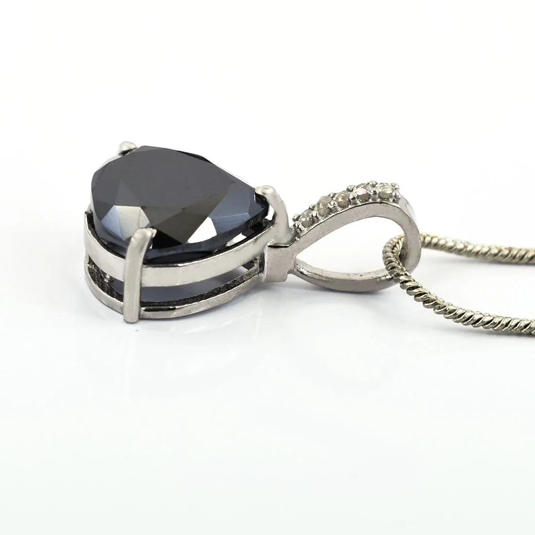 RARE 9 Ct, Stunning Black Diamond Solitaire Pendant With Diamond Accents. Full of Fire & Great Sparkle