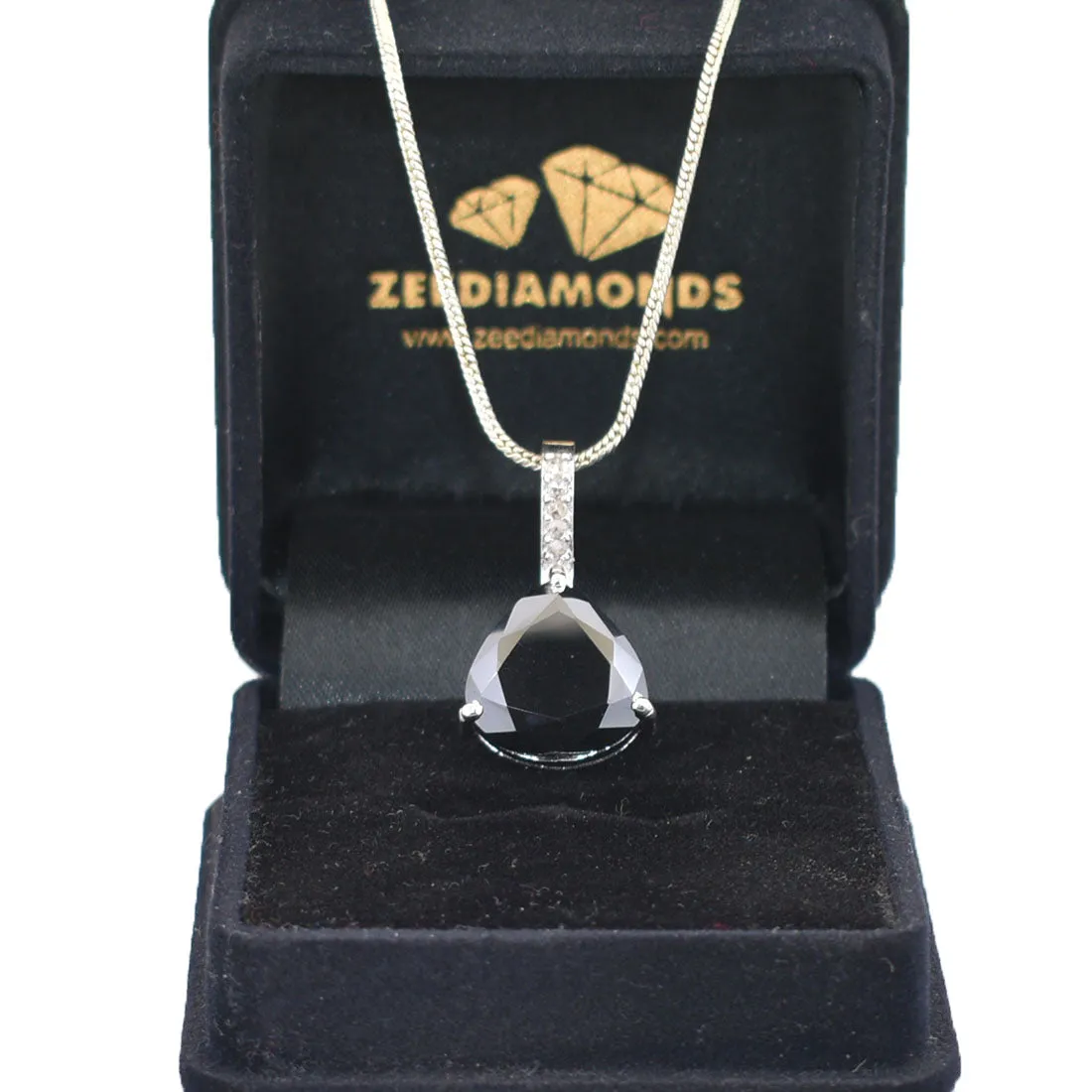 RARE 9 Ct, Stunning Black Diamond Solitaire Pendant With Diamond Accents. Full of Fire & Great Sparkle