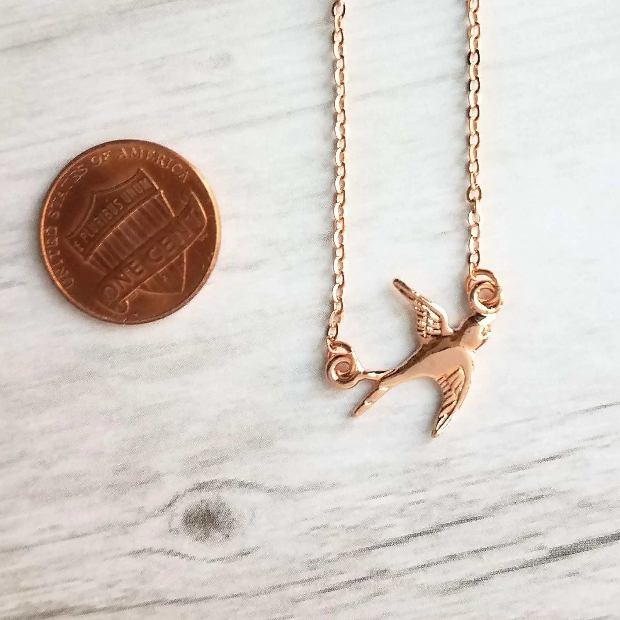 Rose Gold Bird Necklace, small bird necklace, chain with bird, sparrow pendant, flying bird necklace, rose gold chain, open wing bird, free