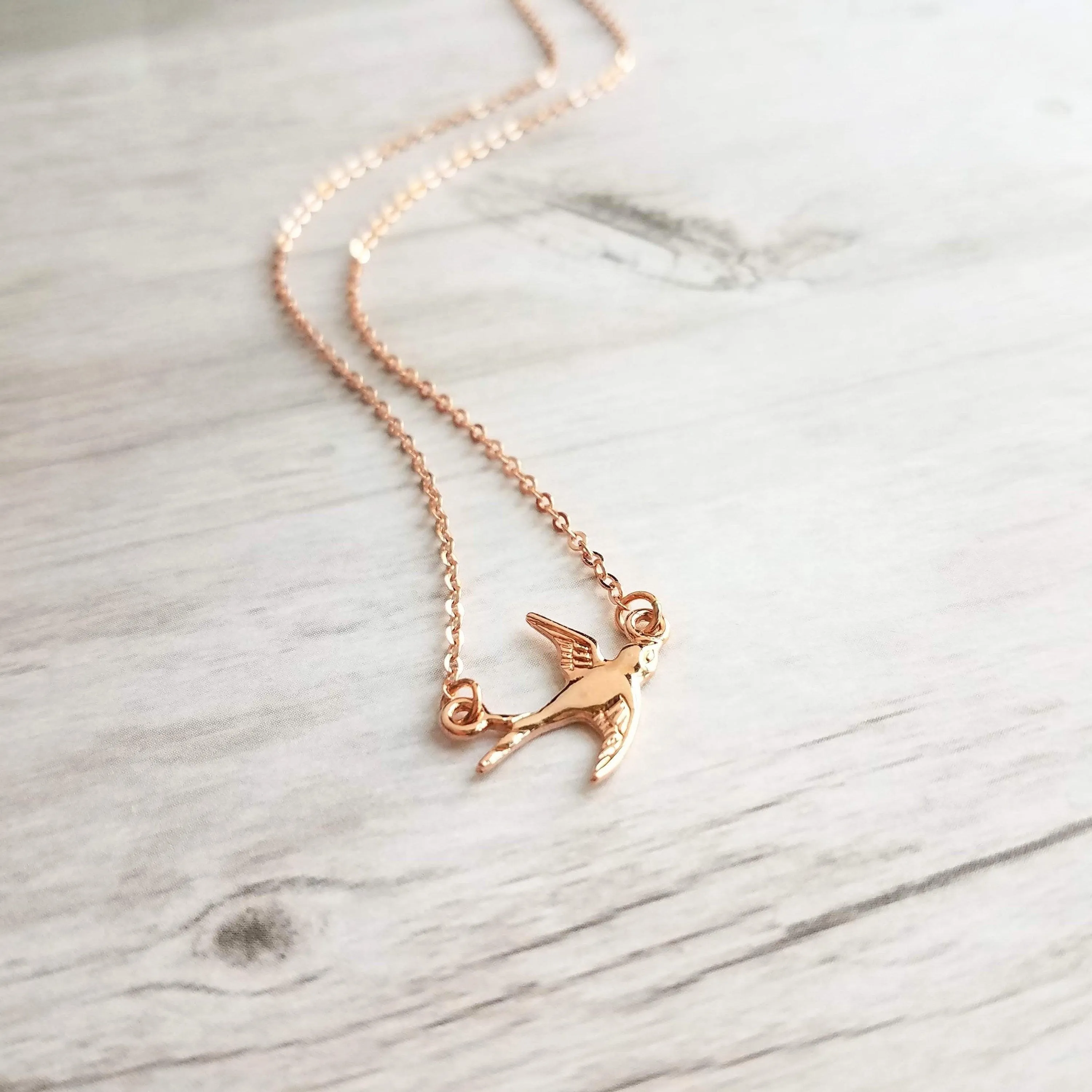 Rose Gold Bird Necklace, small bird necklace, chain with bird, sparrow pendant, flying bird necklace, rose gold chain, open wing bird, free