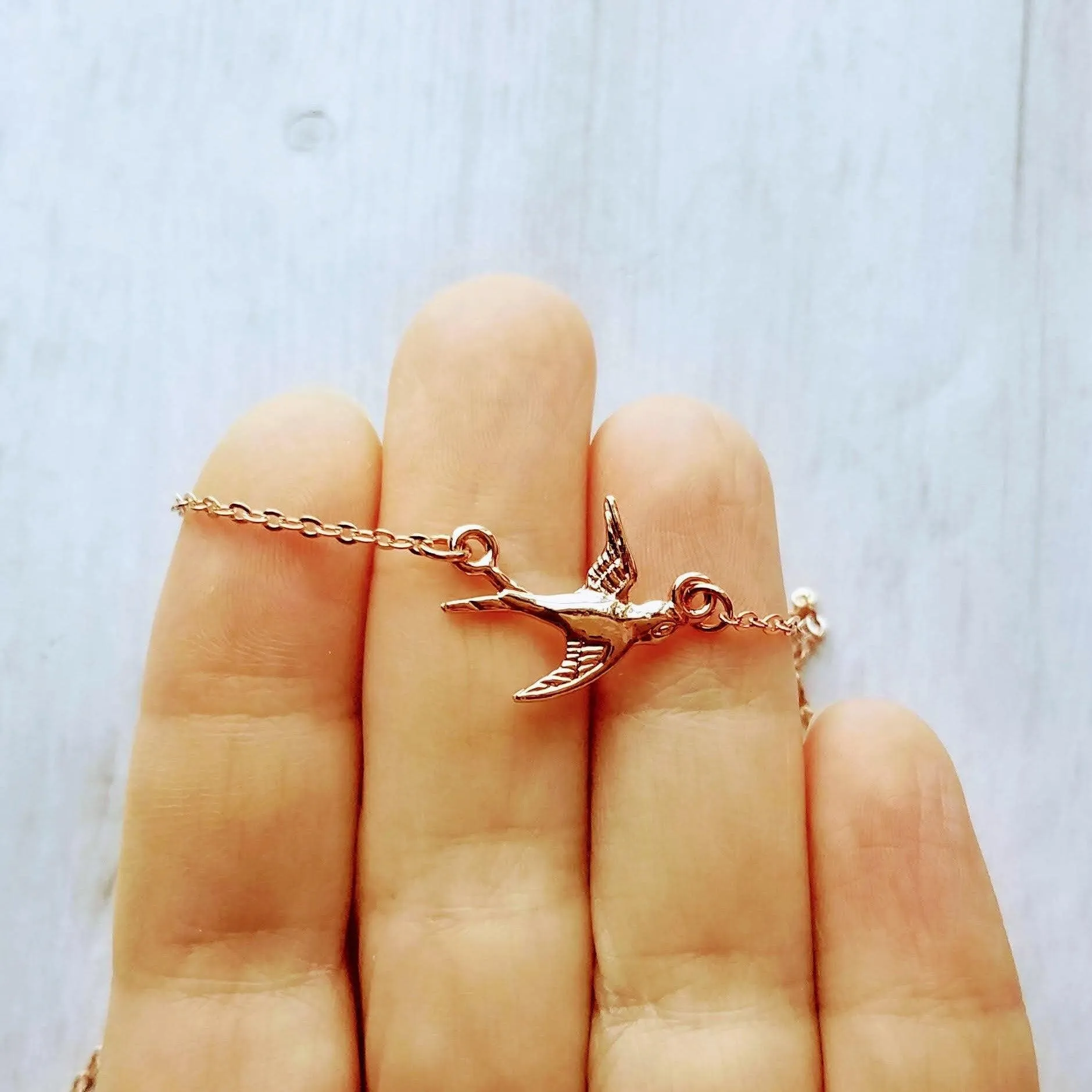 Rose Gold Bird Necklace, small bird necklace, chain with bird, sparrow pendant, flying bird necklace, rose gold chain, open wing bird, free