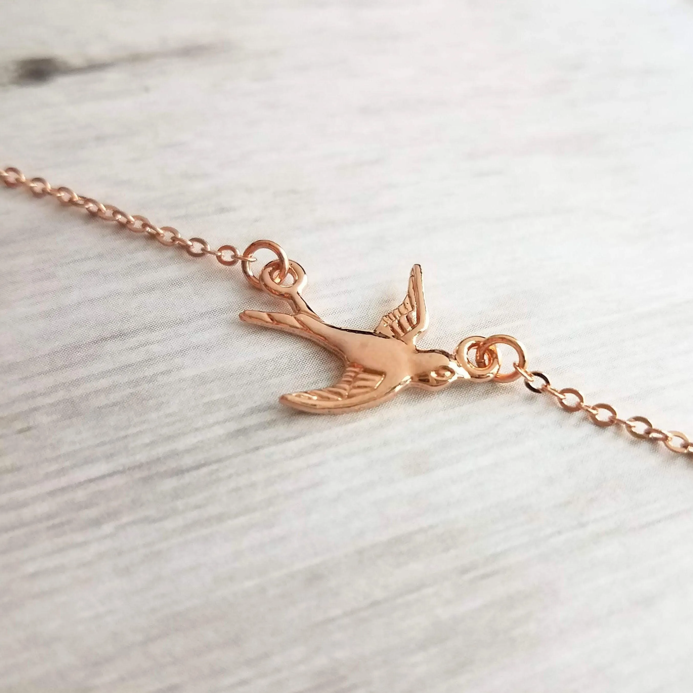 Rose Gold Bird Necklace, small bird necklace, chain with bird, sparrow pendant, flying bird necklace, rose gold chain, open wing bird, free