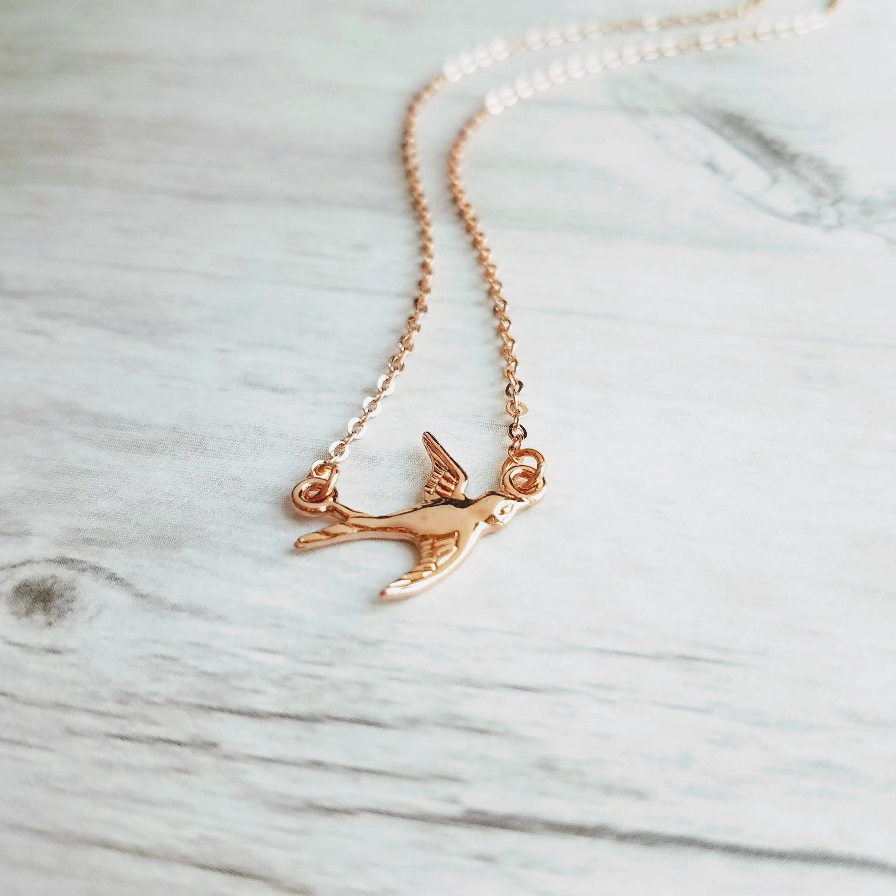 Rose Gold Bird Necklace, small bird necklace, chain with bird, sparrow pendant, flying bird necklace, rose gold chain, open wing bird, free