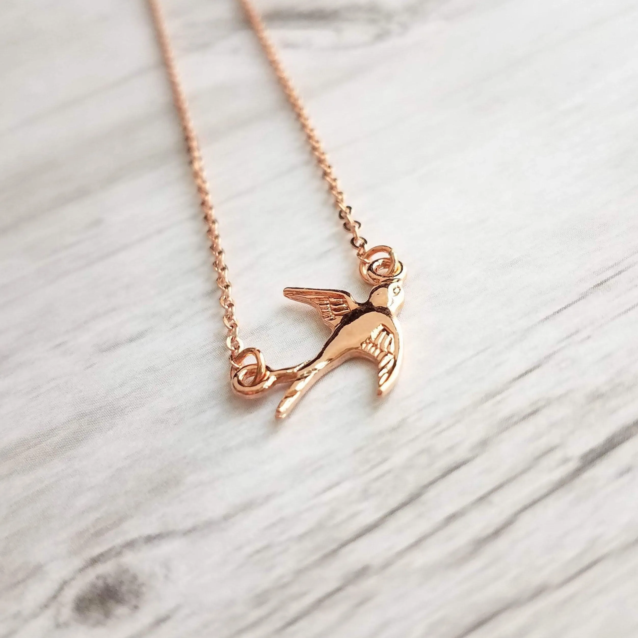Rose Gold Bird Necklace, small bird necklace, chain with bird, sparrow pendant, flying bird necklace, rose gold chain, open wing bird, free