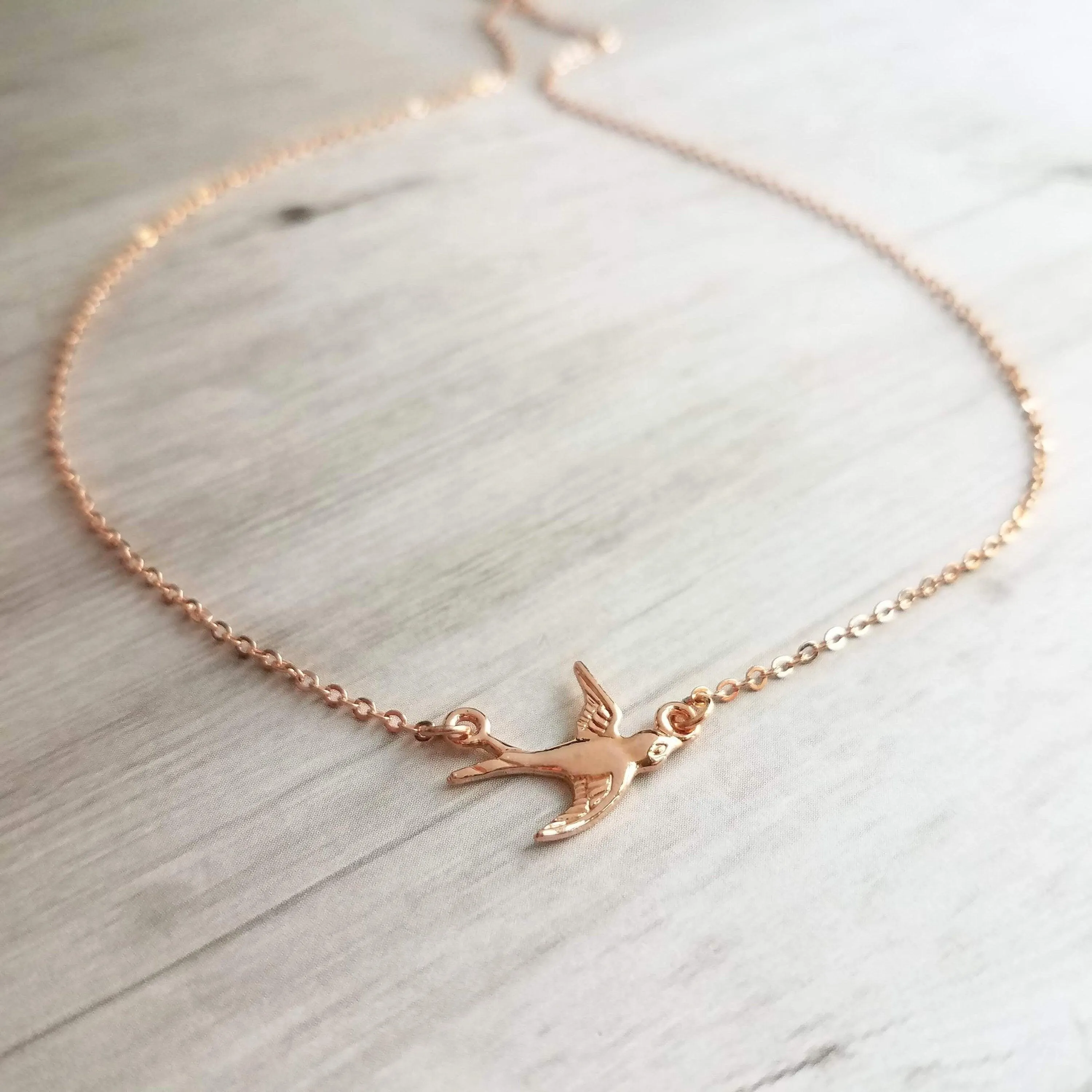 Rose Gold Bird Necklace, small bird necklace, chain with bird, sparrow pendant, flying bird necklace, rose gold chain, open wing bird, free