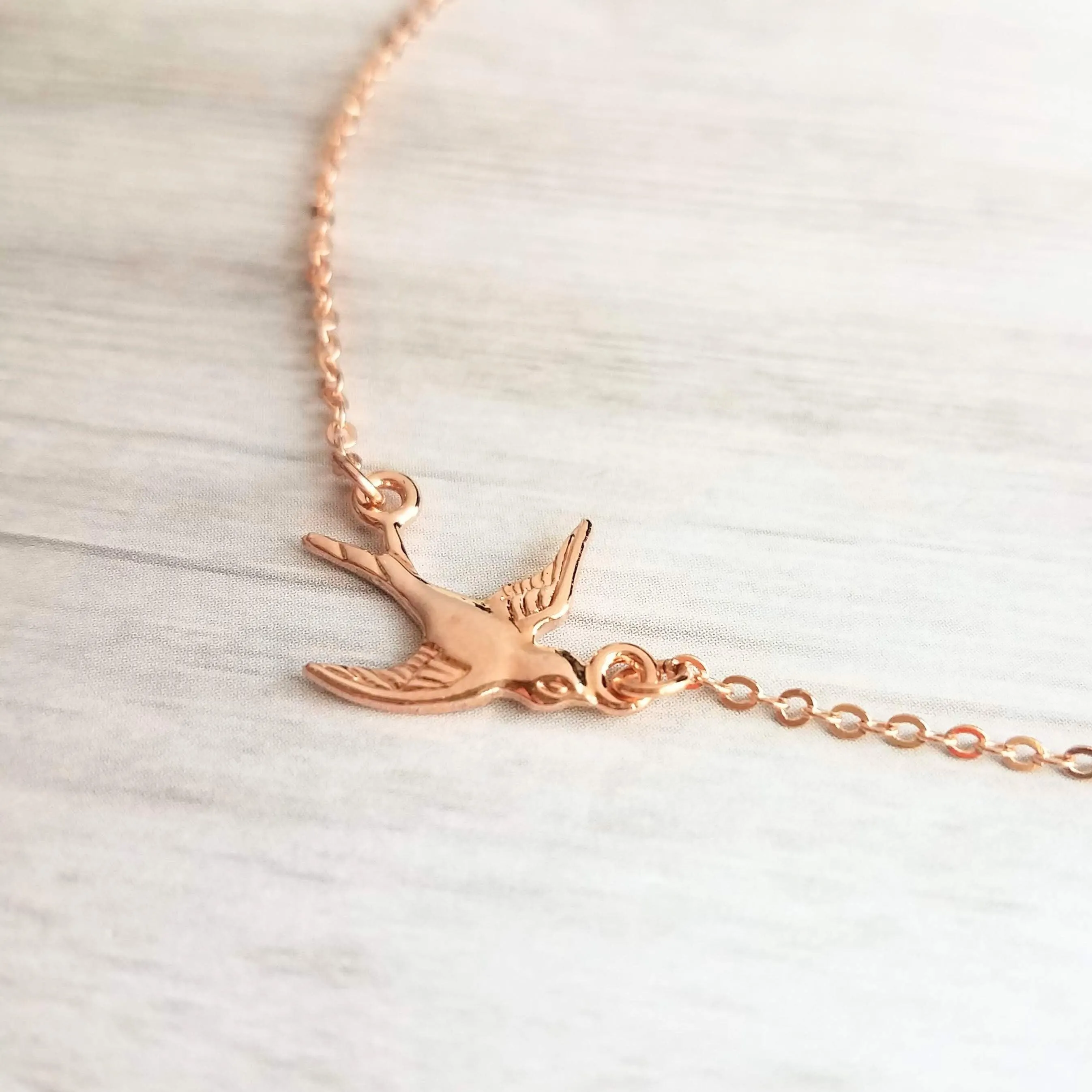 Rose Gold Bird Necklace, small bird necklace, chain with bird, sparrow pendant, flying bird necklace, rose gold chain, open wing bird, free