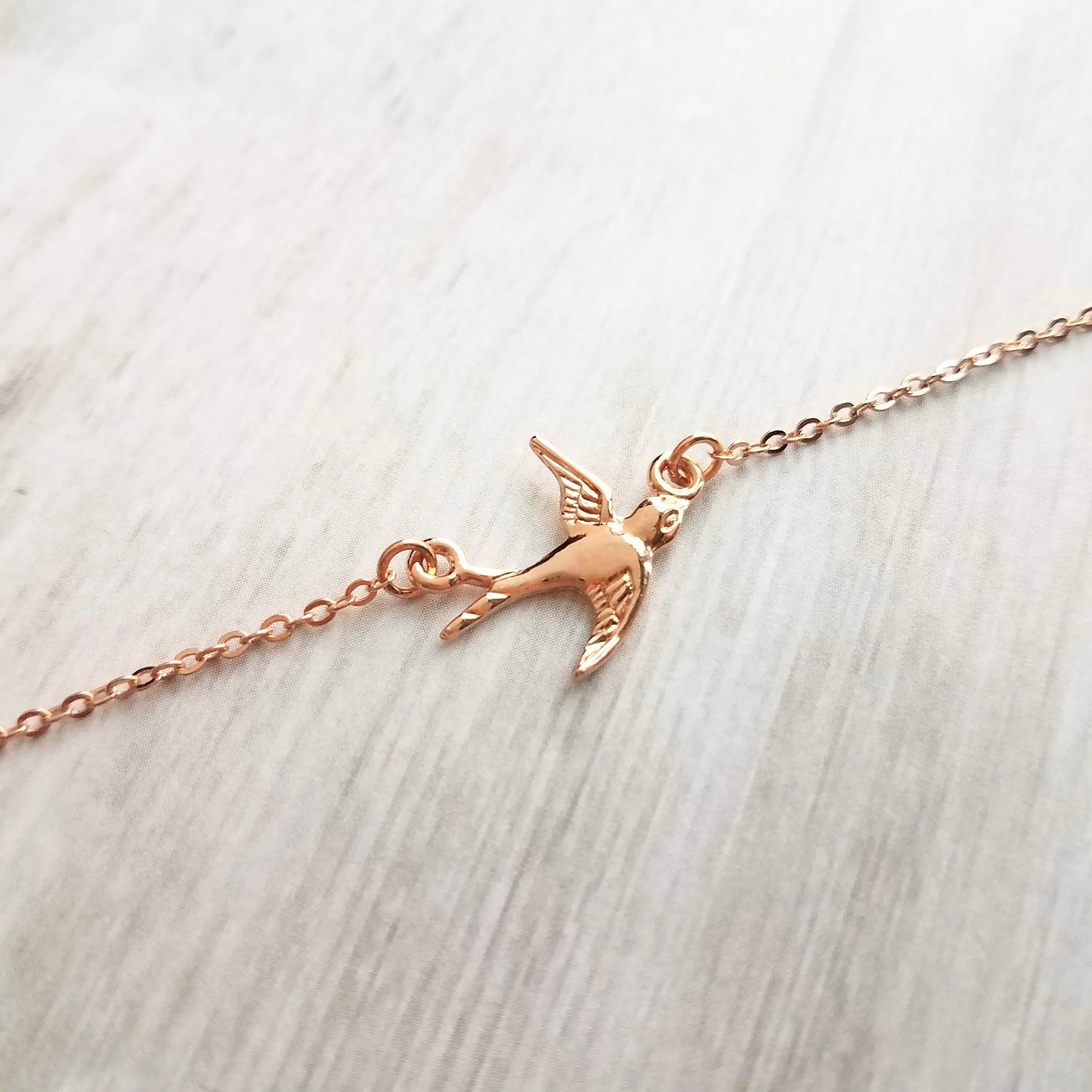 Rose Gold Bird Necklace, small bird necklace, chain with bird, sparrow pendant, flying bird necklace, rose gold chain, open wing bird, free