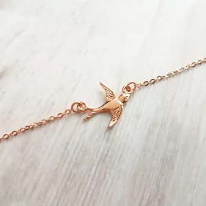 Rose Gold Bird Necklace, small bird necklace, chain with bird, sparrow pendant, flying bird necklace, rose gold chain, open wing bird, free