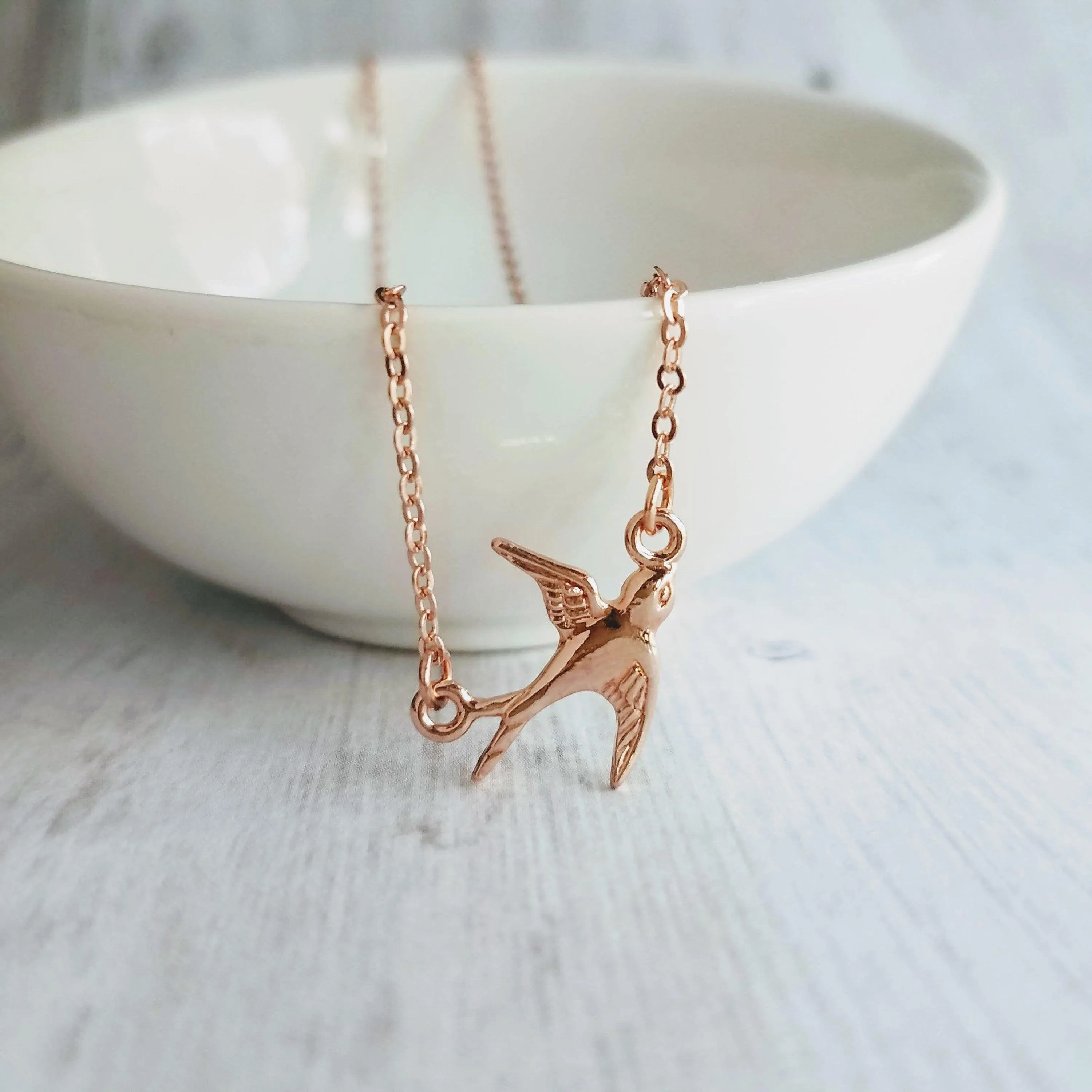 Rose Gold Bird Necklace, small bird necklace, chain with bird, sparrow pendant, flying bird necklace, rose gold chain, open wing bird, free
