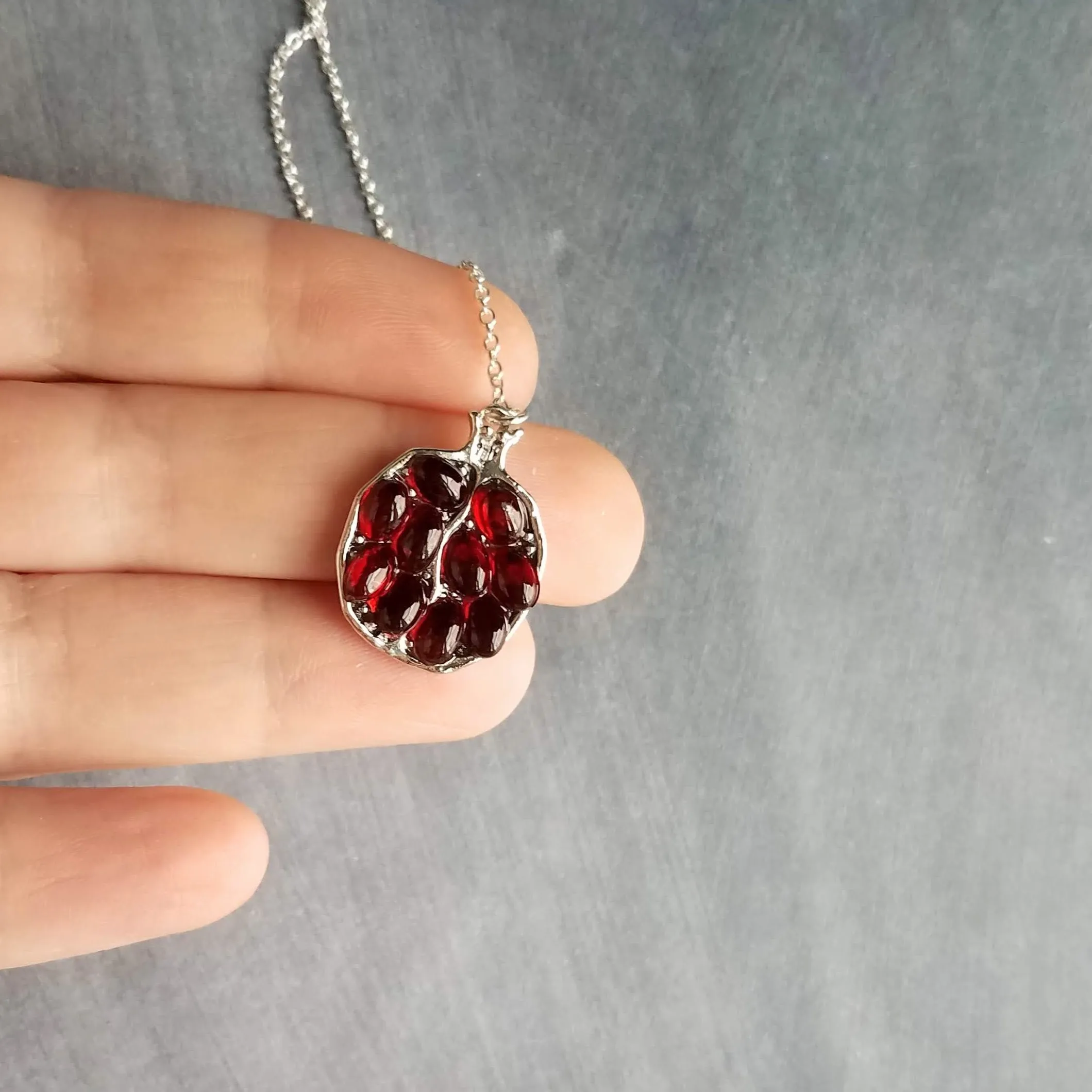 Rose Gold Pomegranate Necklace, maroon red seeds, fruit necklace, fertility necklace, pomegranate pendant, open half pomegranate, seed necklace